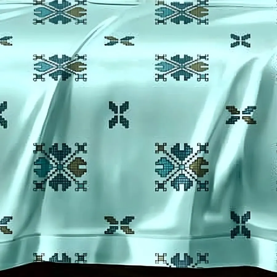 Close-up of the cross-stitch motif print in Teal on aqua (AN-01)