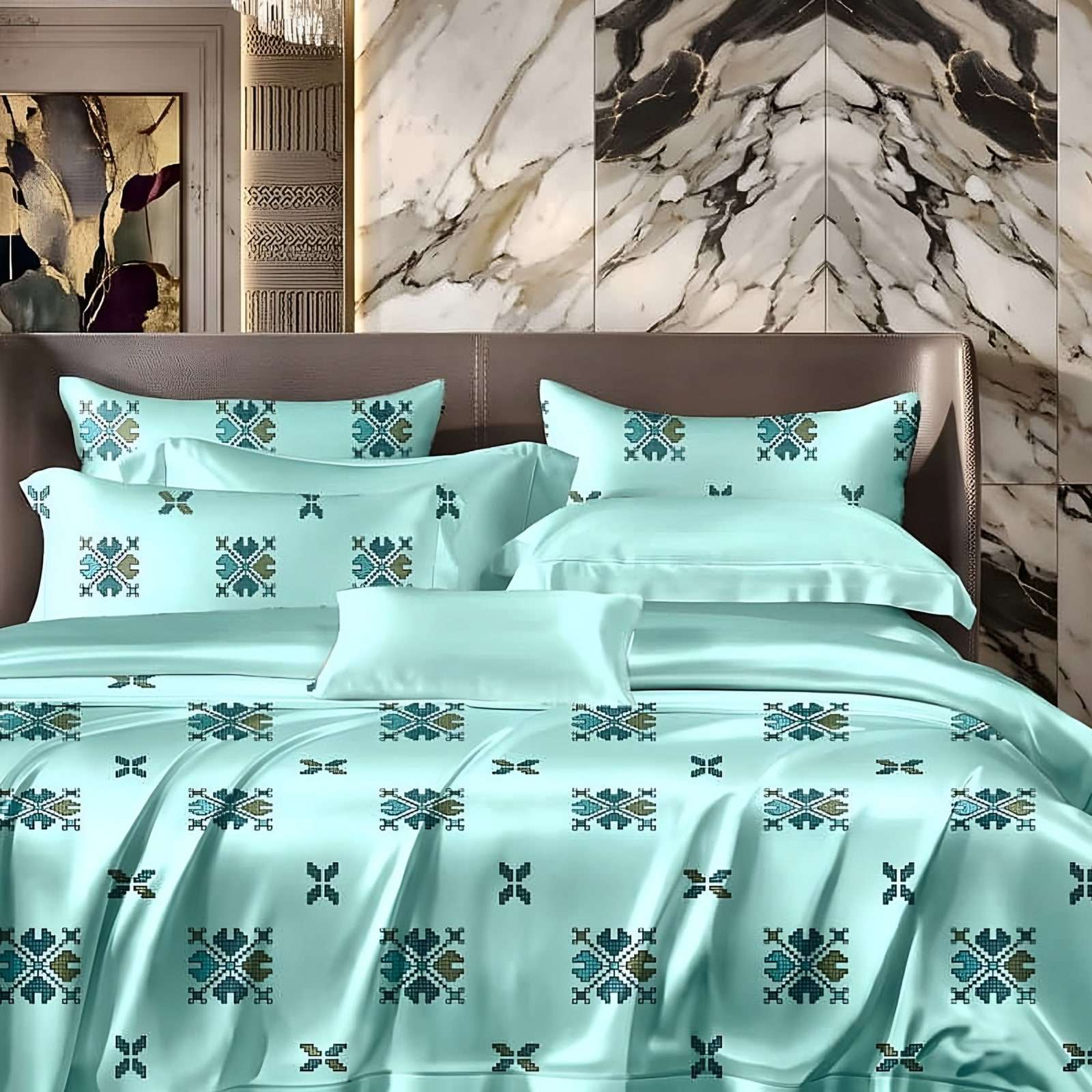 Anokhi Cross-Stitch Motif Glace Cotton Bedsheet Set in Teal on aqua (AN-01) on a made bed in a styled bedroom