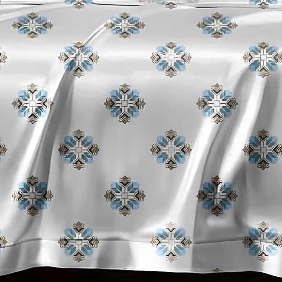 Close-up of the flower medallion print in Sky blue on white (AN-02)