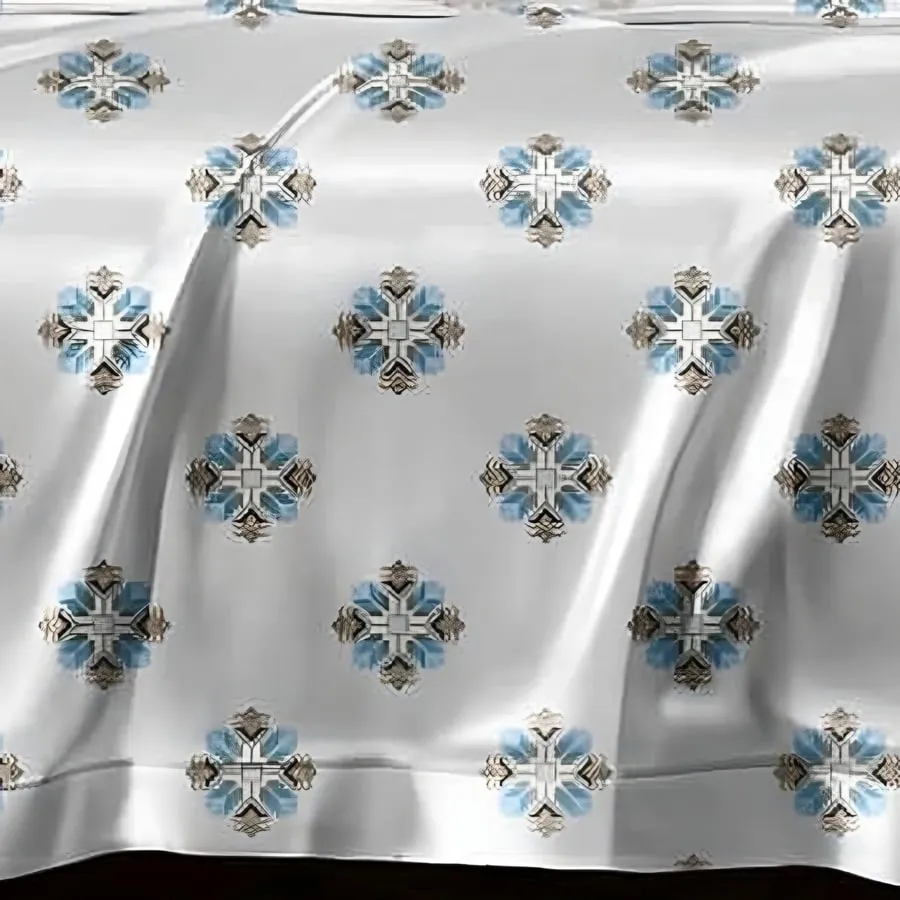 Close-up of the flower medallion print in Sky blue on white (AN-02)