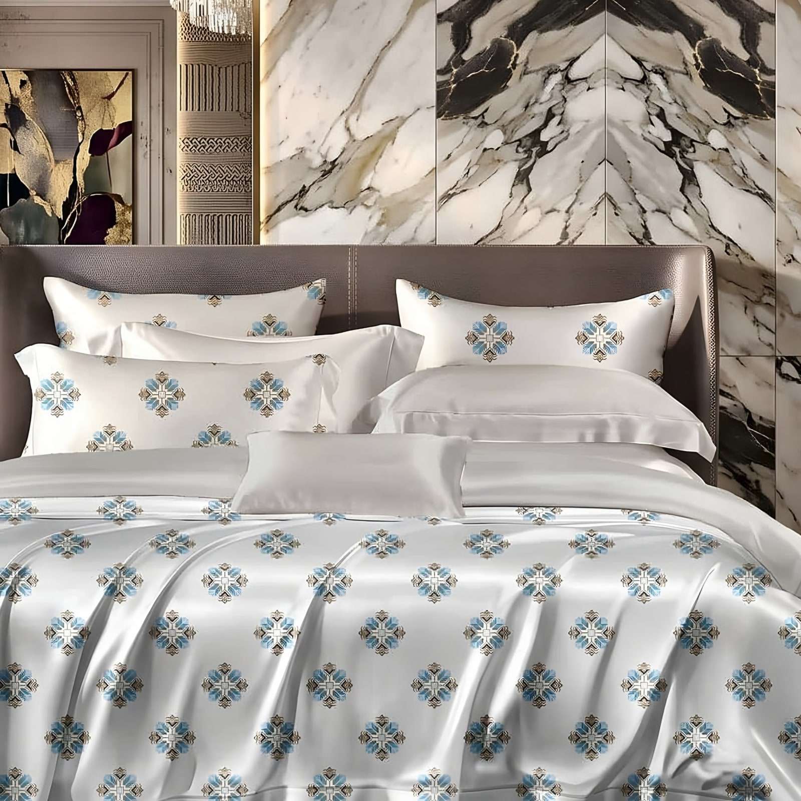 Anokhi Flower Medallion Glace Cotton Bedsheet Set in Sky blue on white (AN-02) on a made bed in a styled bedroom