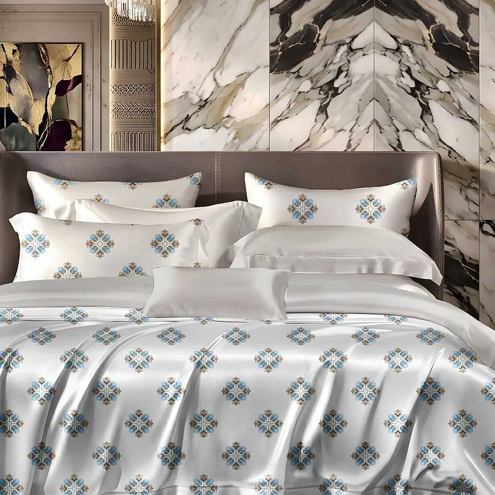 Anokhi Flower Medallion Glace Cotton Bedsheet Set in Sky blue on white (AN-02) on a made bed in a styled bedroom