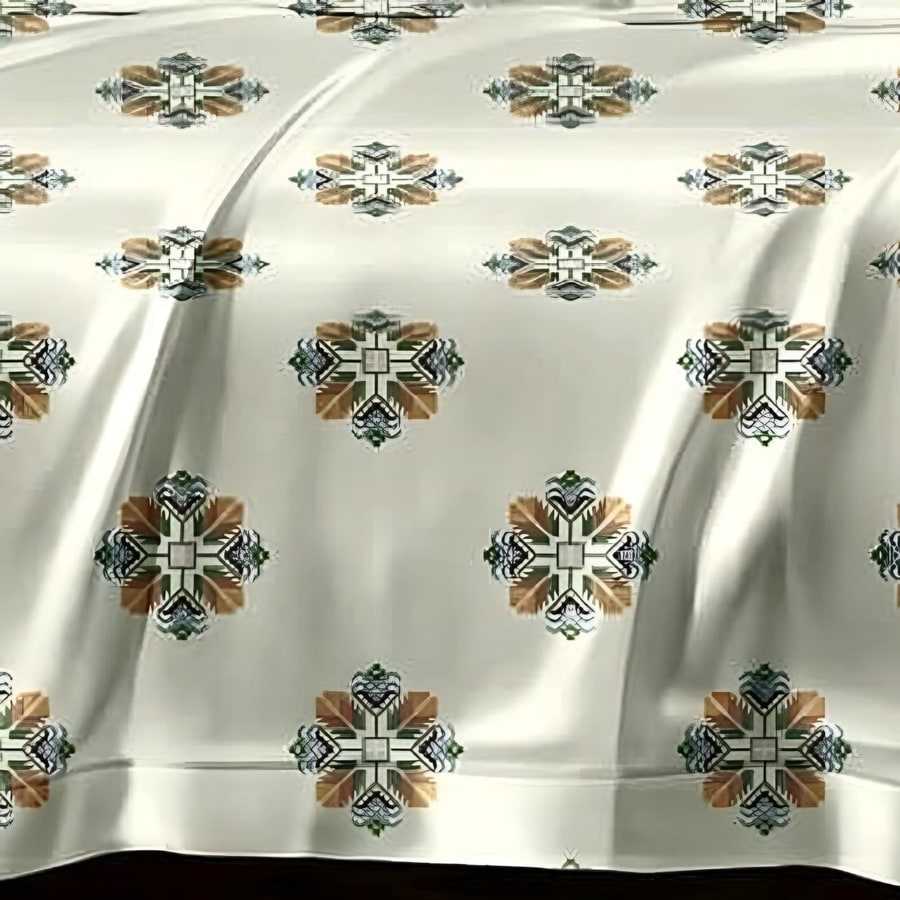 Close-up of the flower medallion print in Copper & green on sage (AN-03)
