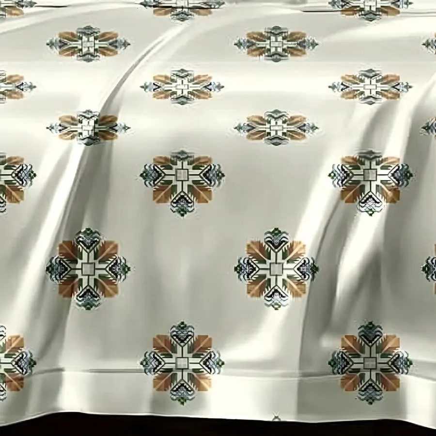 Close-up of the flower medallion print in Copper & green on sage (AN-03)
