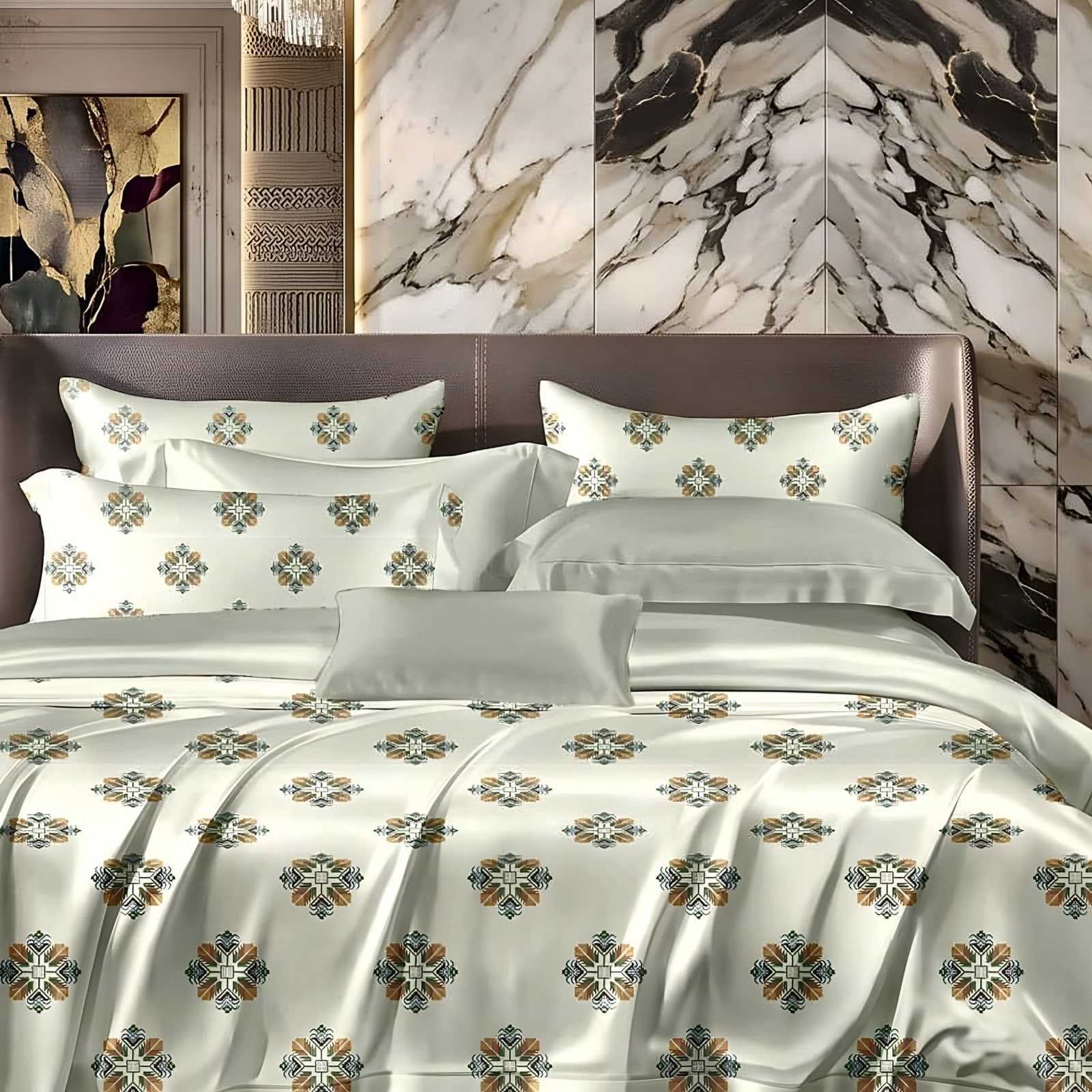 Anokhi Flower Medallion Glace Cotton Bedsheet Set in Copper & green on sage (AN-03) on a made bed in a styled bedroom