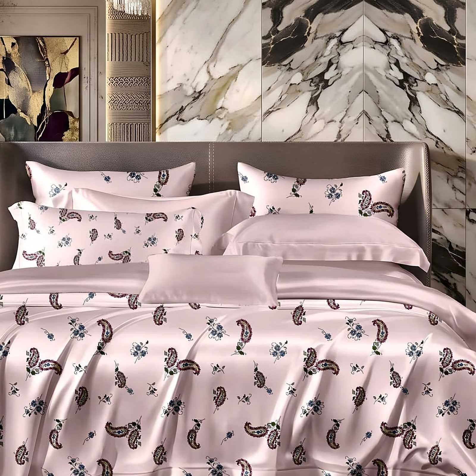 A bed made with the Anokhi paisley buti glace cotton set in maroon and blush