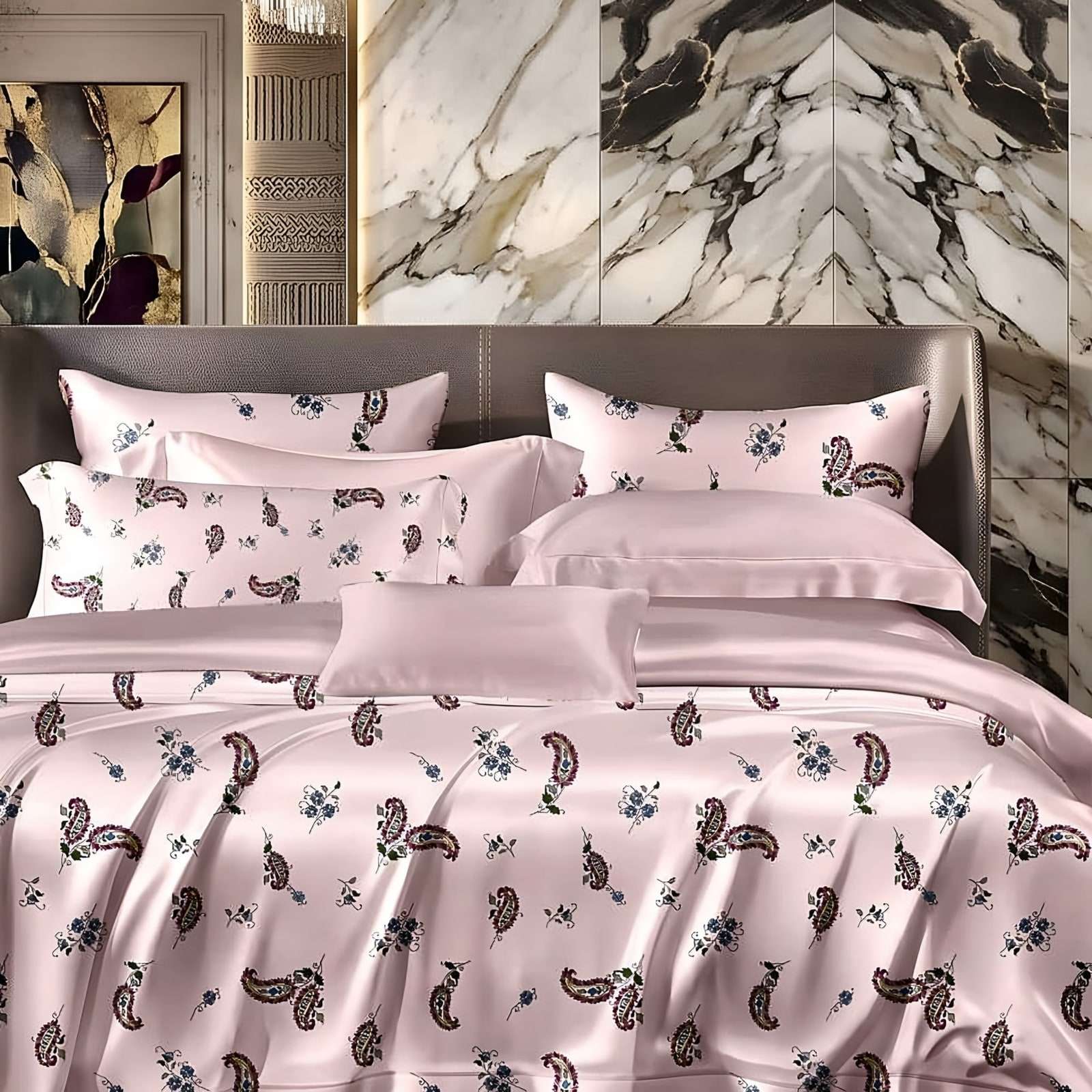 Anokhi Paisley Buti Glace Cotton Bedsheet Set in Maroon on blush (AN-04) on a made bed in a styled bedroom