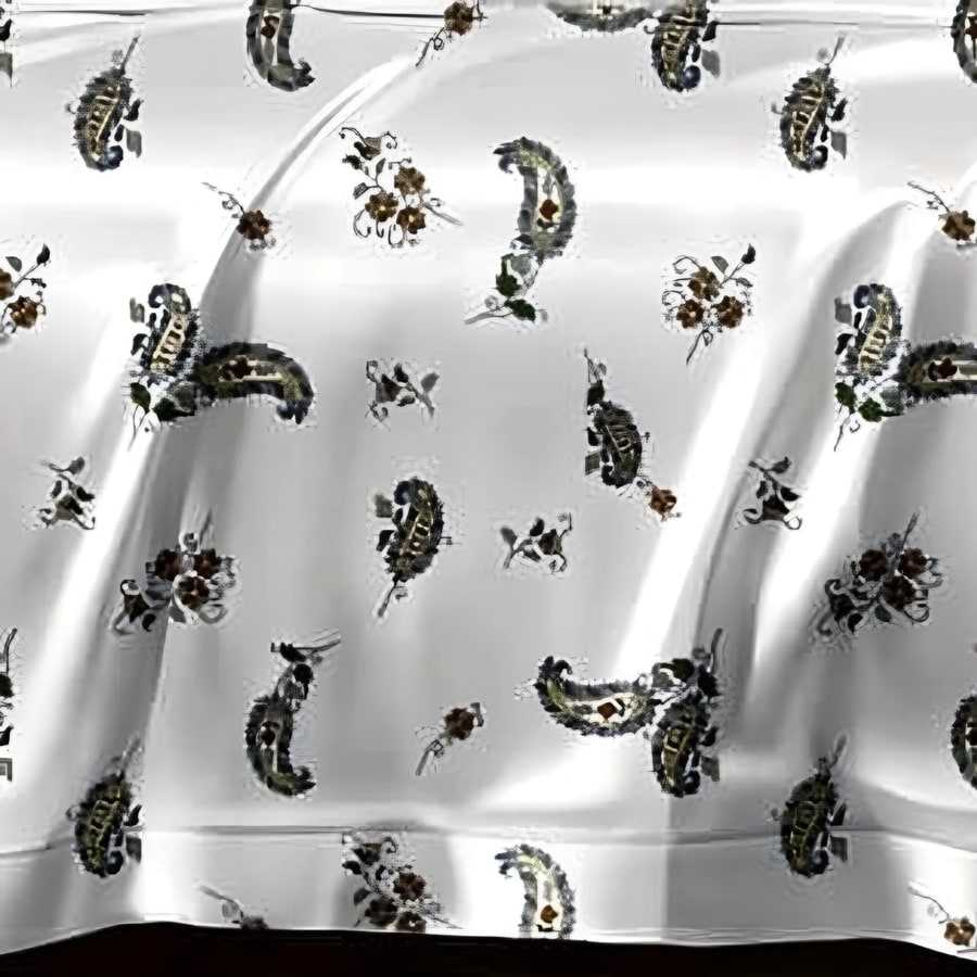 Close-up of the paisley buti print in Olive on white (AN-05)