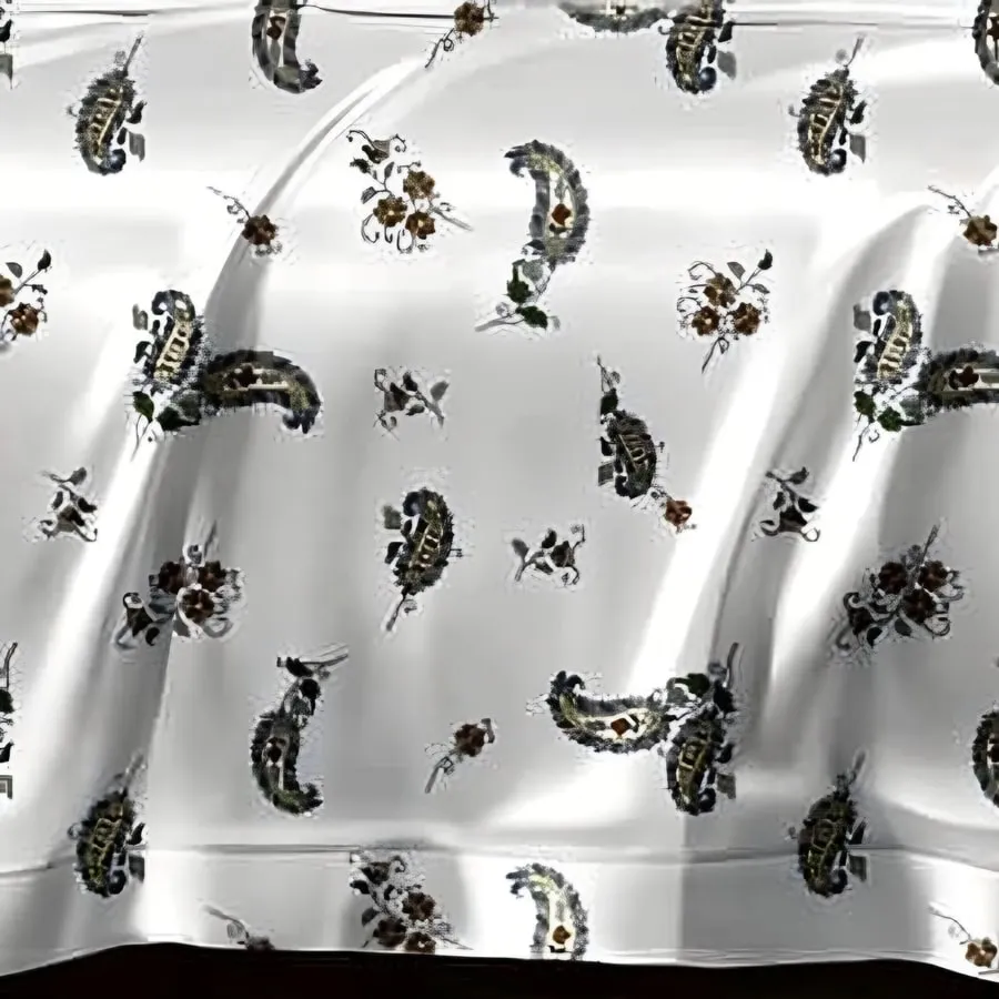 Close-up of the paisley buti print in Olive on white (AN-05)