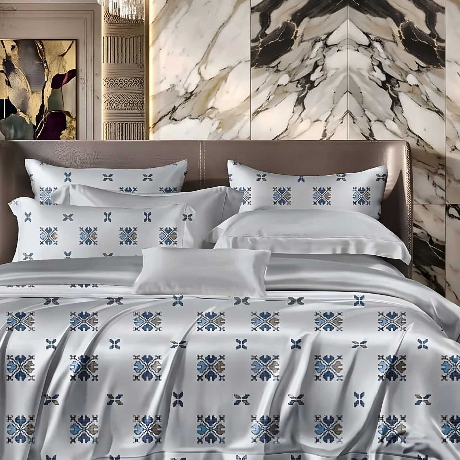Anokhi Cross-Stitch Motif Glace Cotton Bedsheet Set in Navy on silver grey (AN-08) on a made bed in a styled bedroom