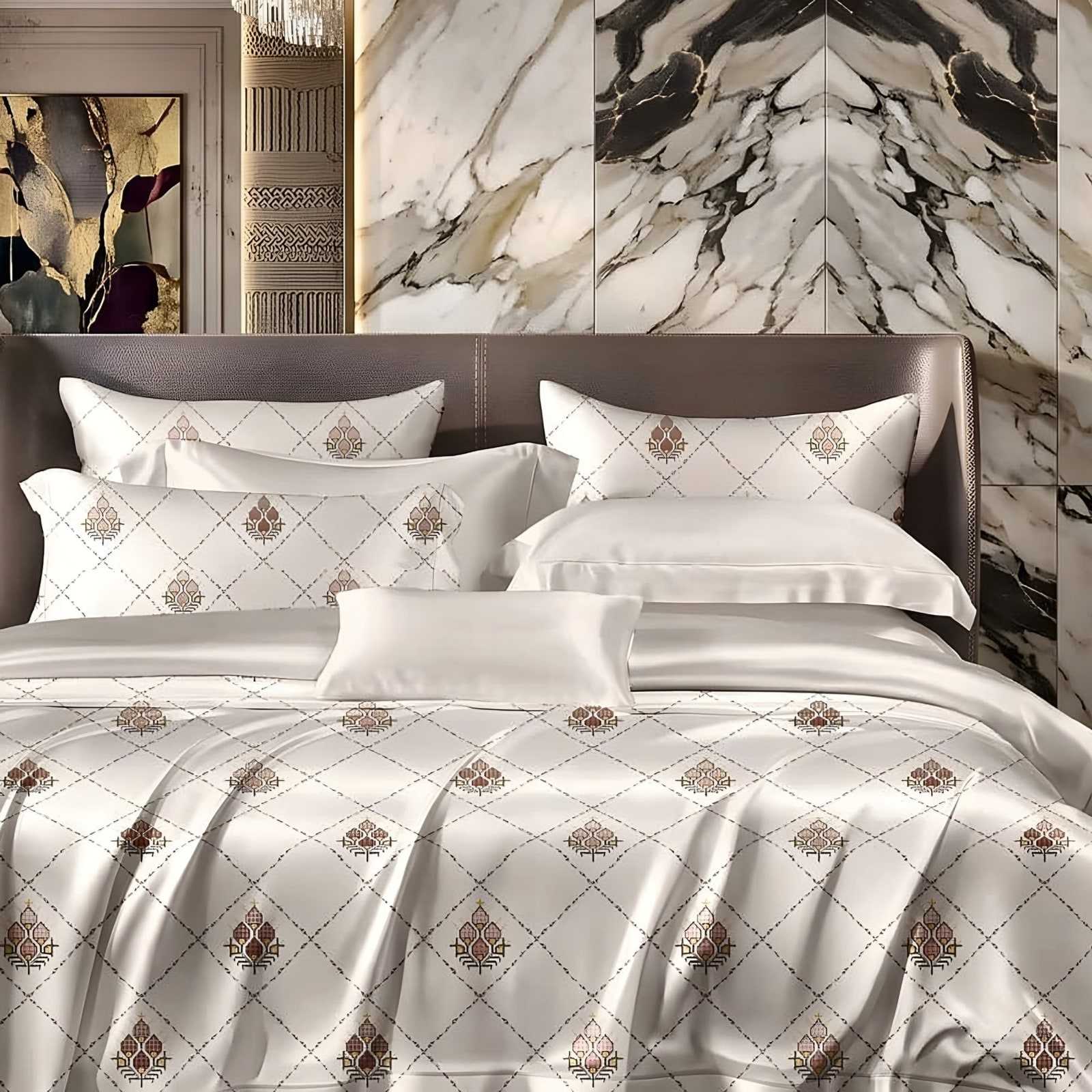 Anokhi Buta Trellis Glace Cotton Bedsheet Set in Rose & grey on ivory (AN-10) on a made bed in a styled bedroom