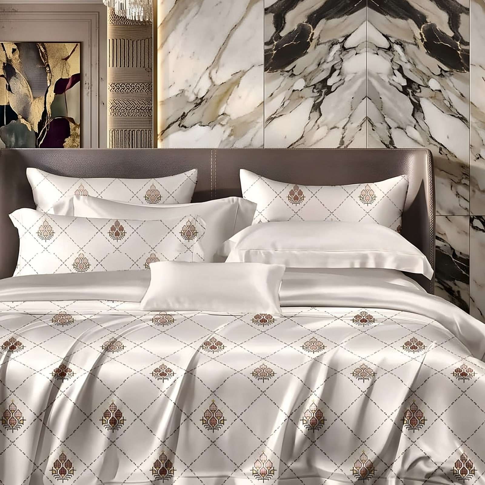 Anokhi Buta Trellis Glace Cotton Bedsheet Set in Rose & grey on ivory (AN-10) on a made bed in a styled bedroom