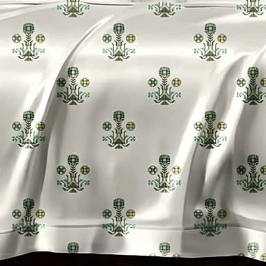 Close-up of the floral buti print in Green on ivory (AN-11)
