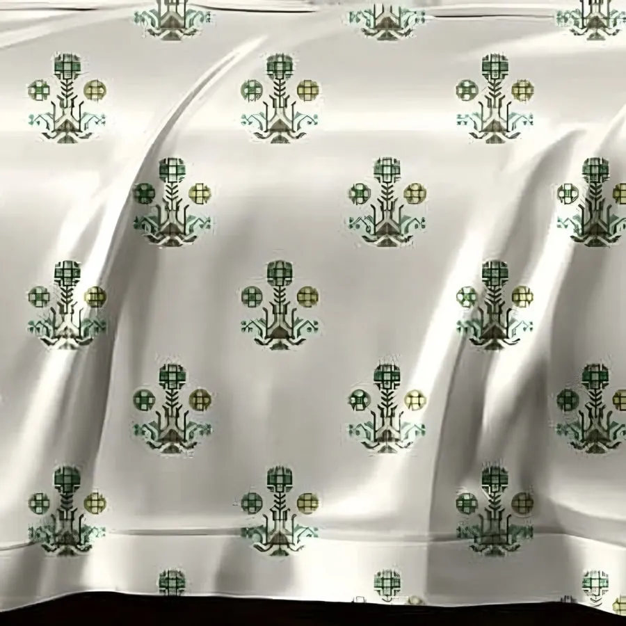 Close-up of the floral buti print in Green on ivory (AN-11)