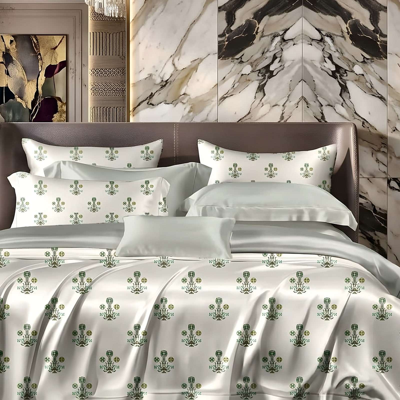 Anokhi Floral Buti Glace Cotton Bedsheet Set in Green on ivory (AN-11) on a made bed in a styled bedroom