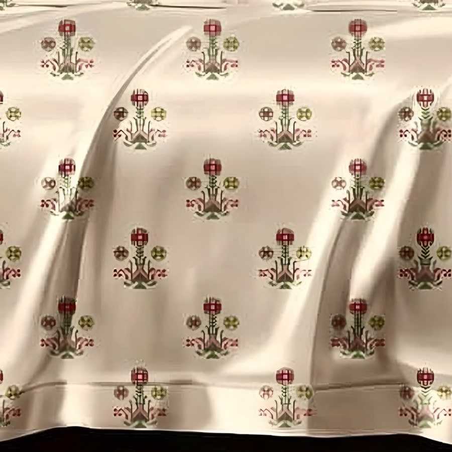 Close-up of the floral buti print in Red & green on cream (AN-12)