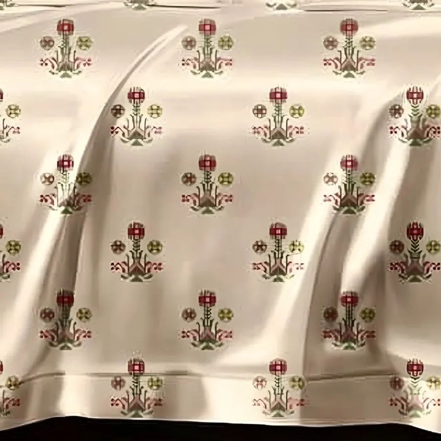 Close-up of the floral buti print in Red & green on cream (AN-12)