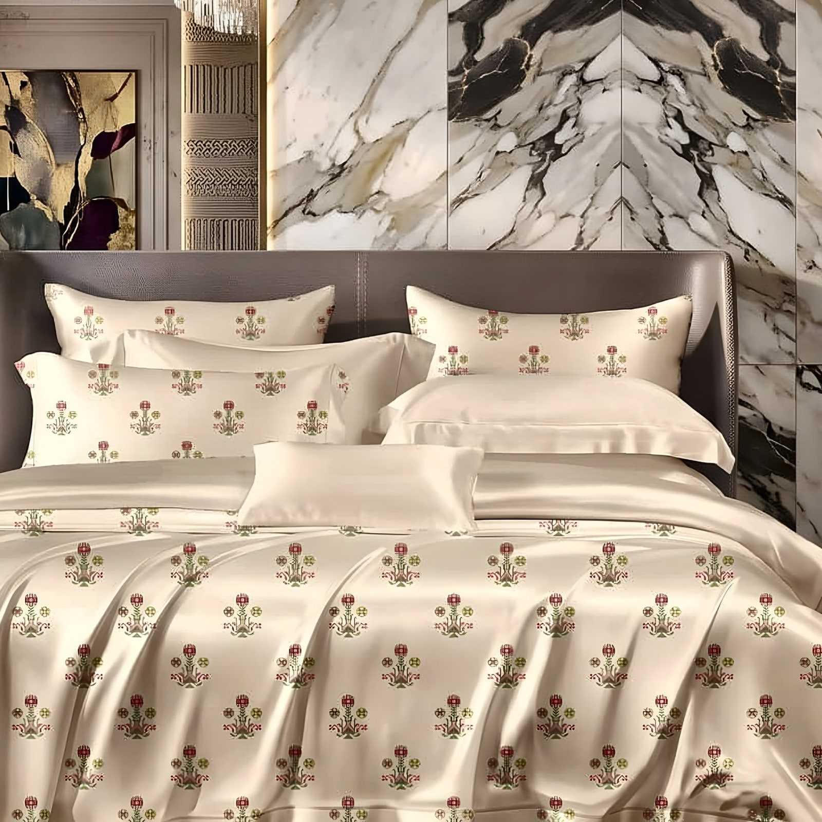 A bed made with the Anokhi floral buti glace cotton set in cream