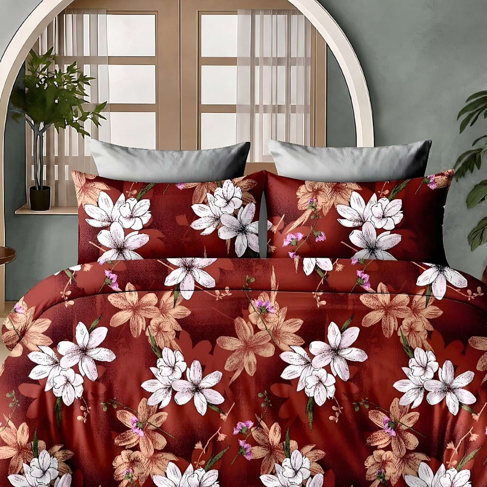 Aishwarya Lily Bloom Glace Cotton Bedsheet Set in Red (AW-02) on a made bed