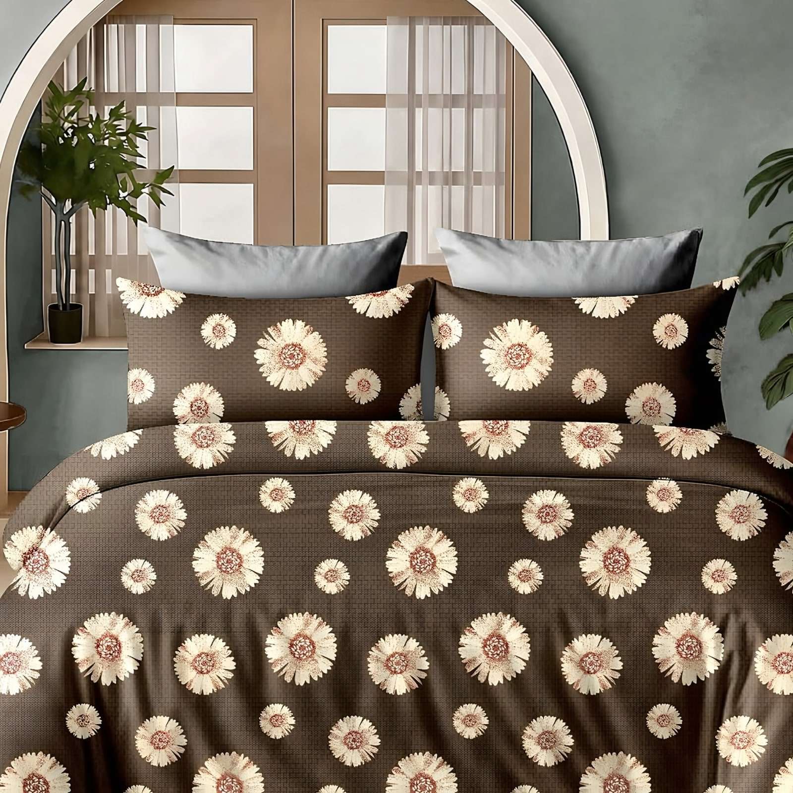 Aishwarya Sunflower Glace Cotton Bedsheet Set in Brown (AW-05) on a made bed