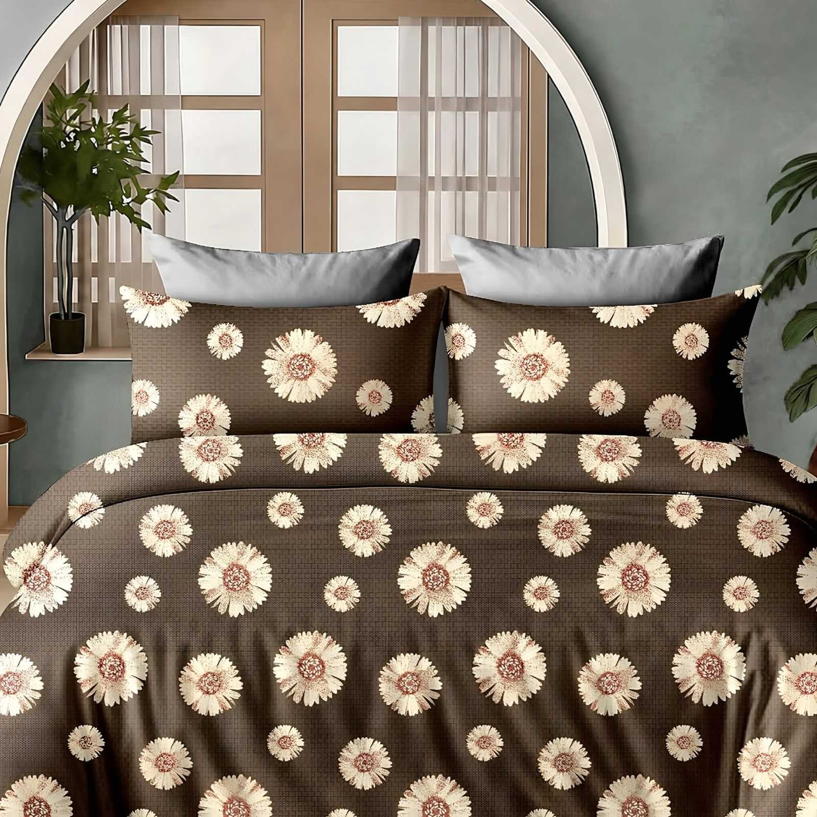 Aishwarya Sunflower Glace Cotton Bedsheet Set in Brown (AW-05) on a made bed