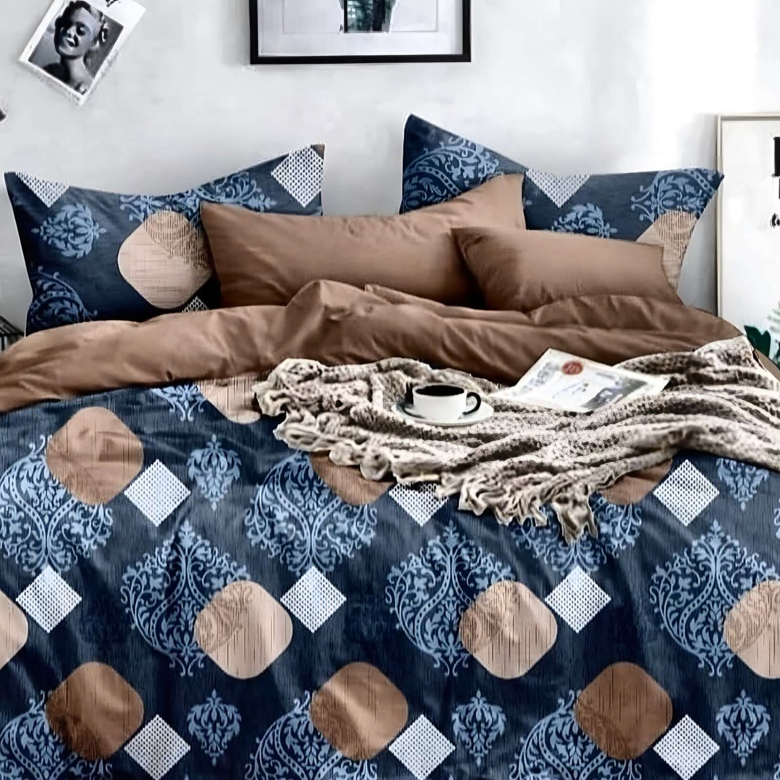 Aishwarya Medallion Dot Glace Cotton Bedsheet Set in Blue & copper (AW-06) on a made bed