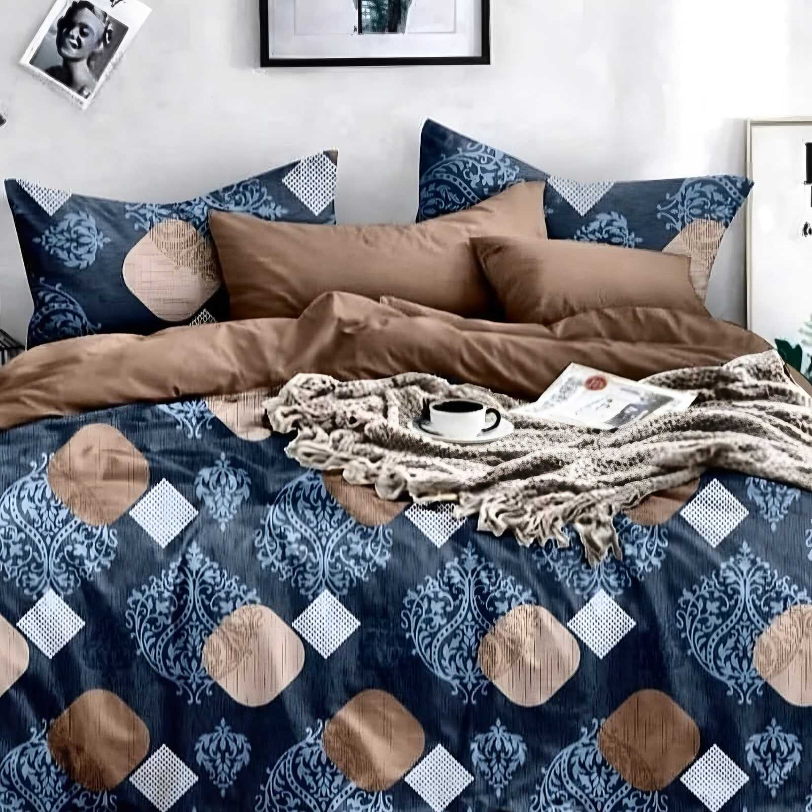 Aishwarya Medallion Dot Glace Cotton Bedsheet Set in Blue & copper (AW-06) on a made bed