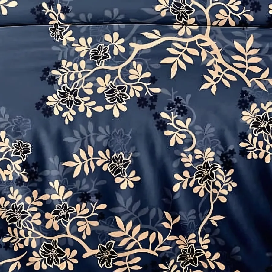 Close-up of the golden vine print in Navy & gold (AW-08)