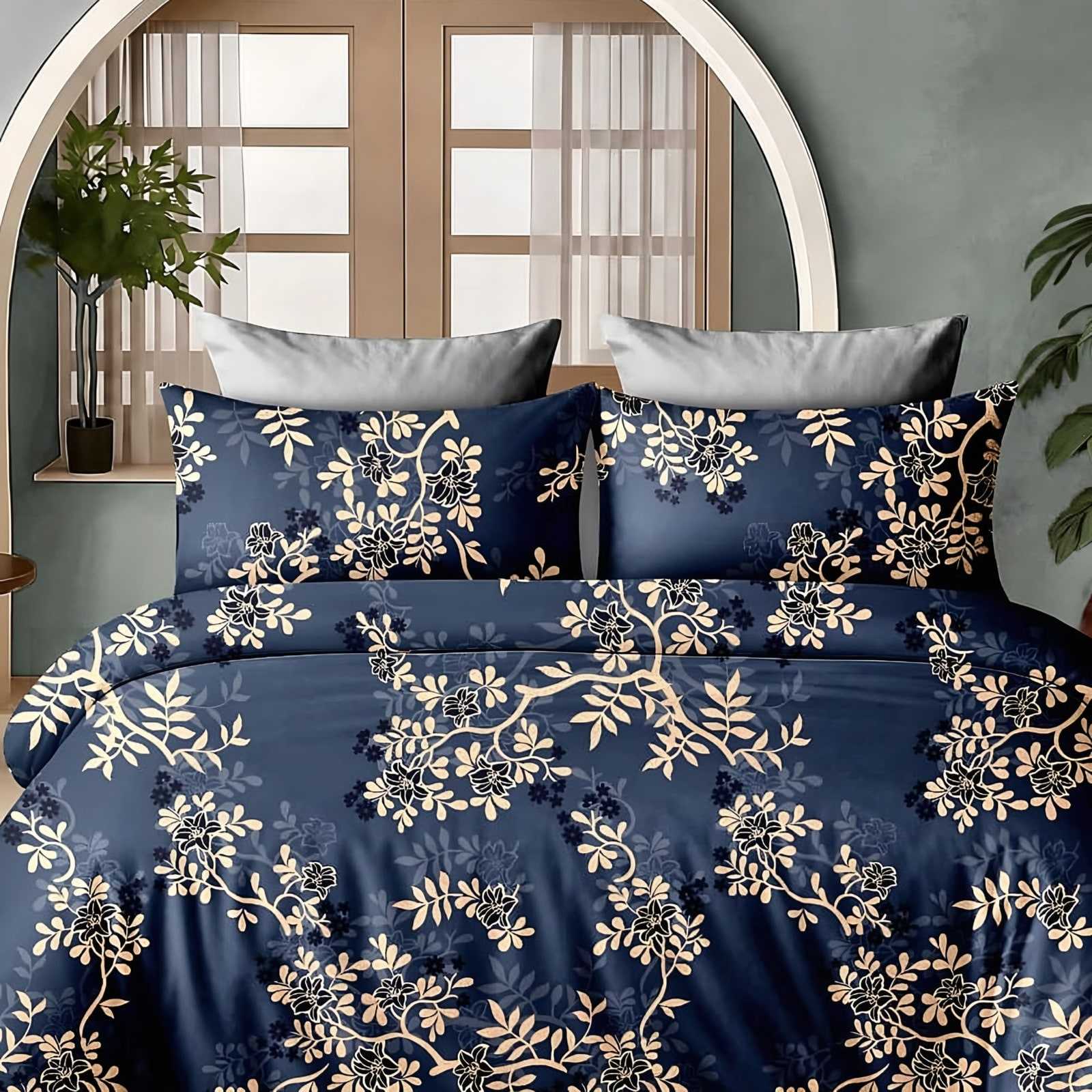 Aishwarya Golden Vine Glace Cotton Bedsheet Set in Navy & gold (AW-08) on a made bed