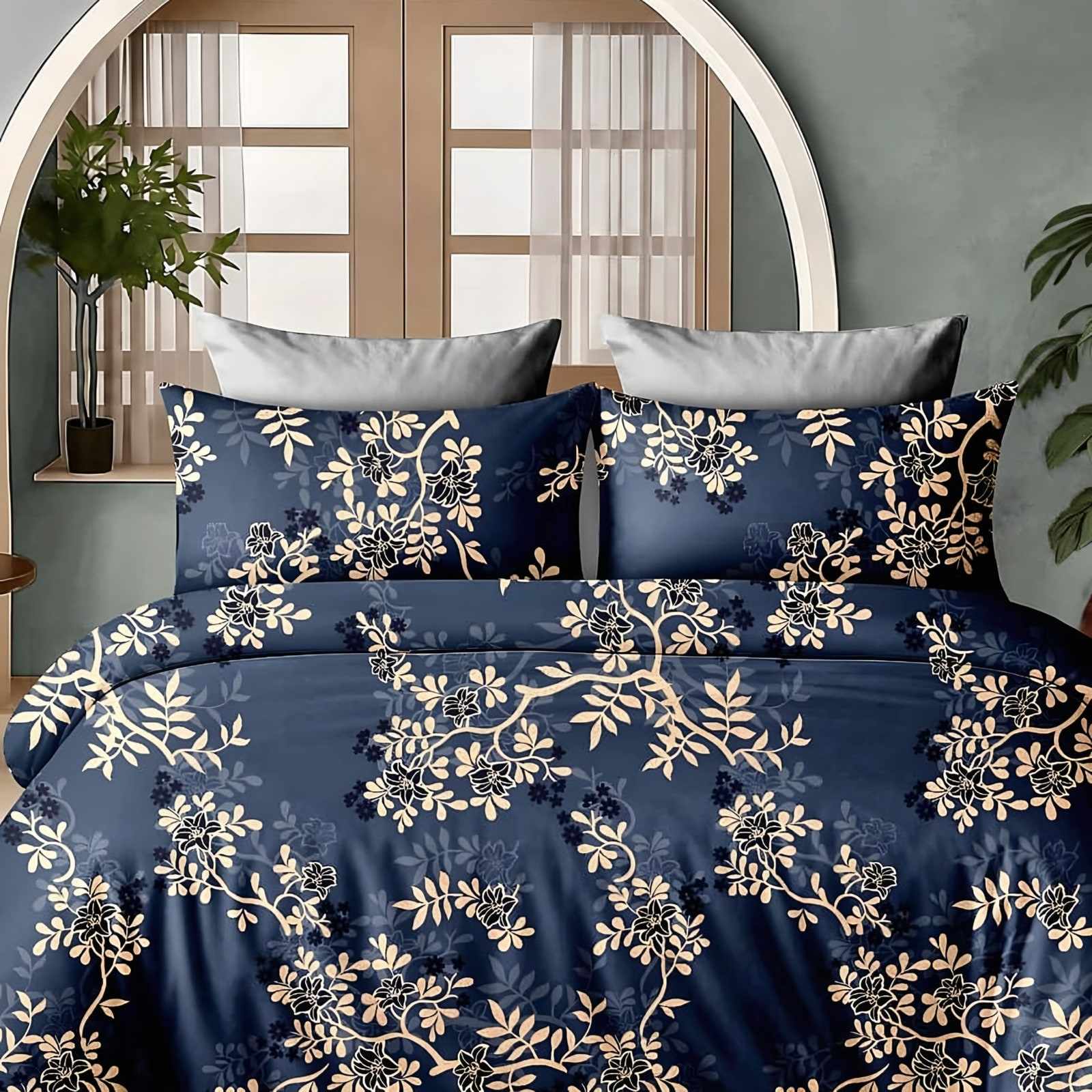 A bed made with the Aishwarya golden vine glace cotton set in navy and gold