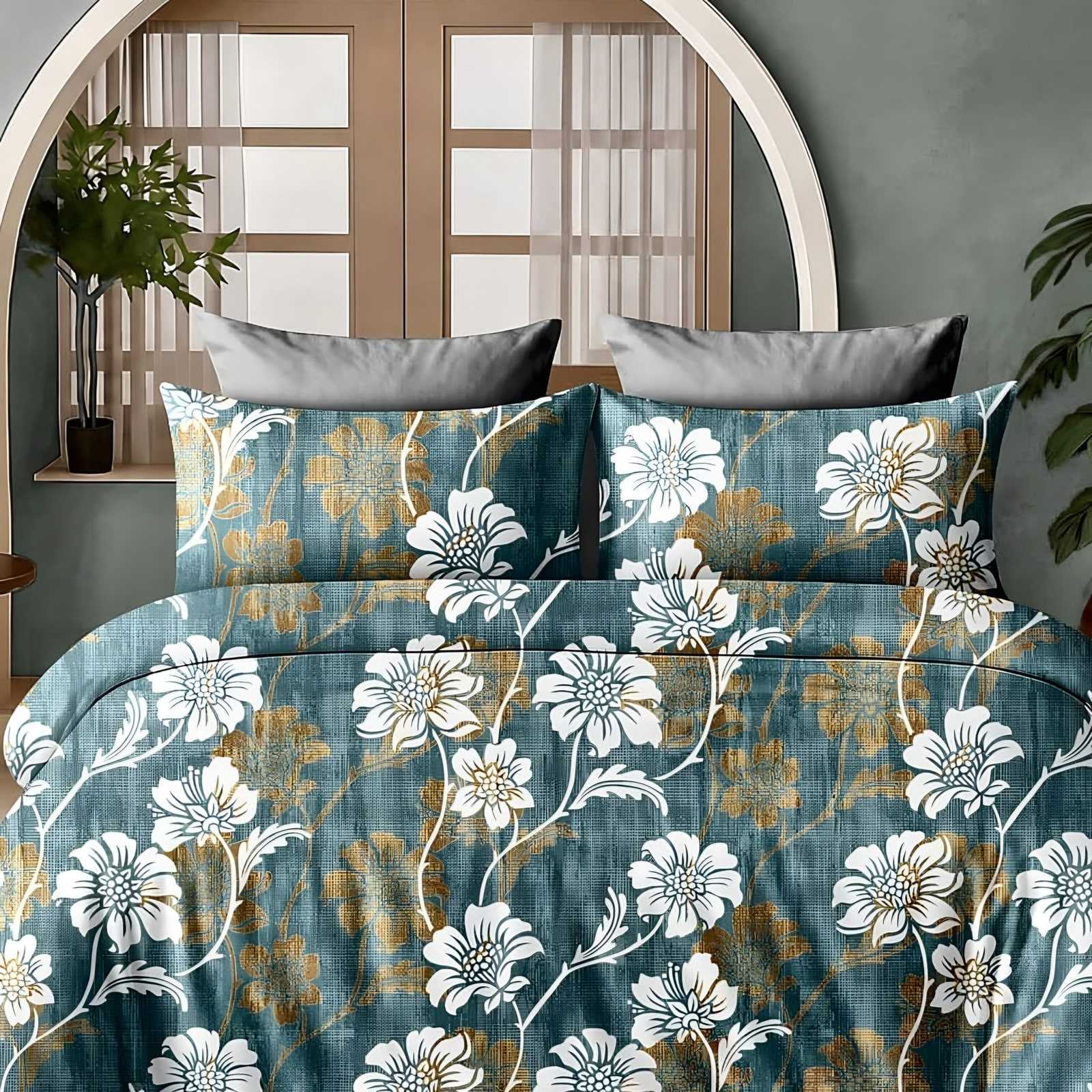 A bed made with the Aishwarya blossom trail glace cotton set in teal