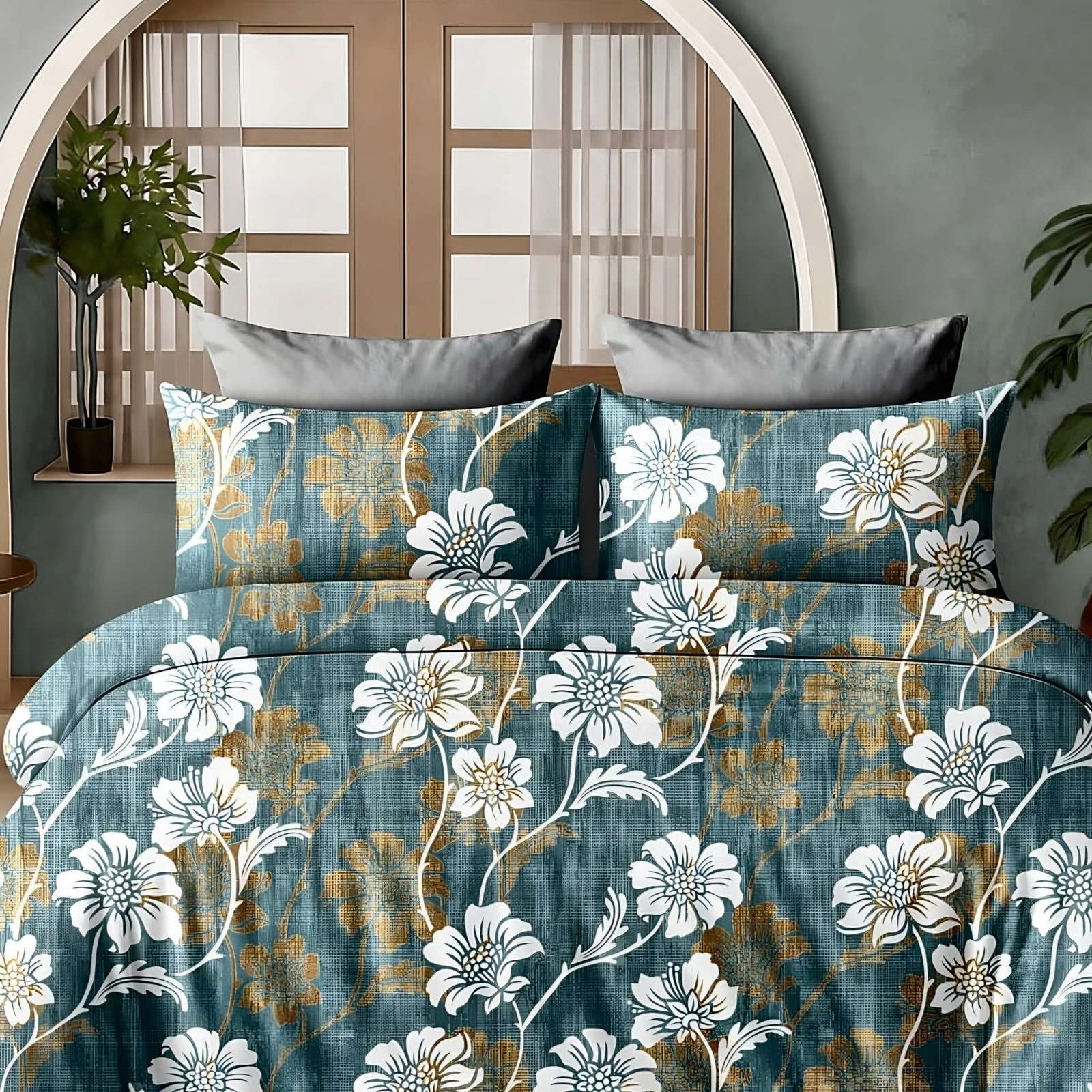 Aishwarya Blossom Trail Glace Cotton Bedsheet Set in Teal (AW-11) on a made bed
