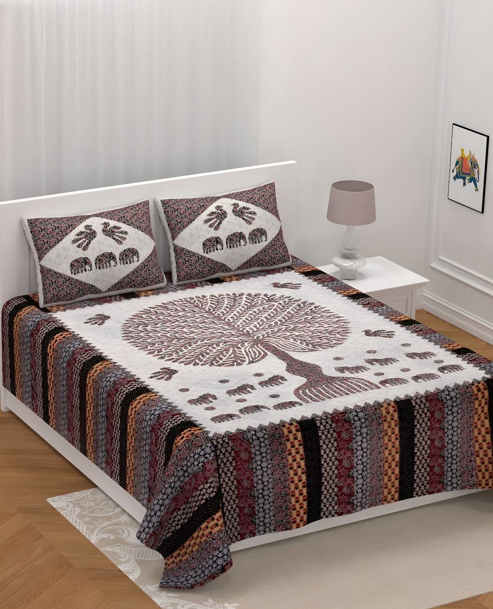 Barmeri Peacock Tree Cotton Bedsheet Set in Grey & brown (BM-01) on a made bed