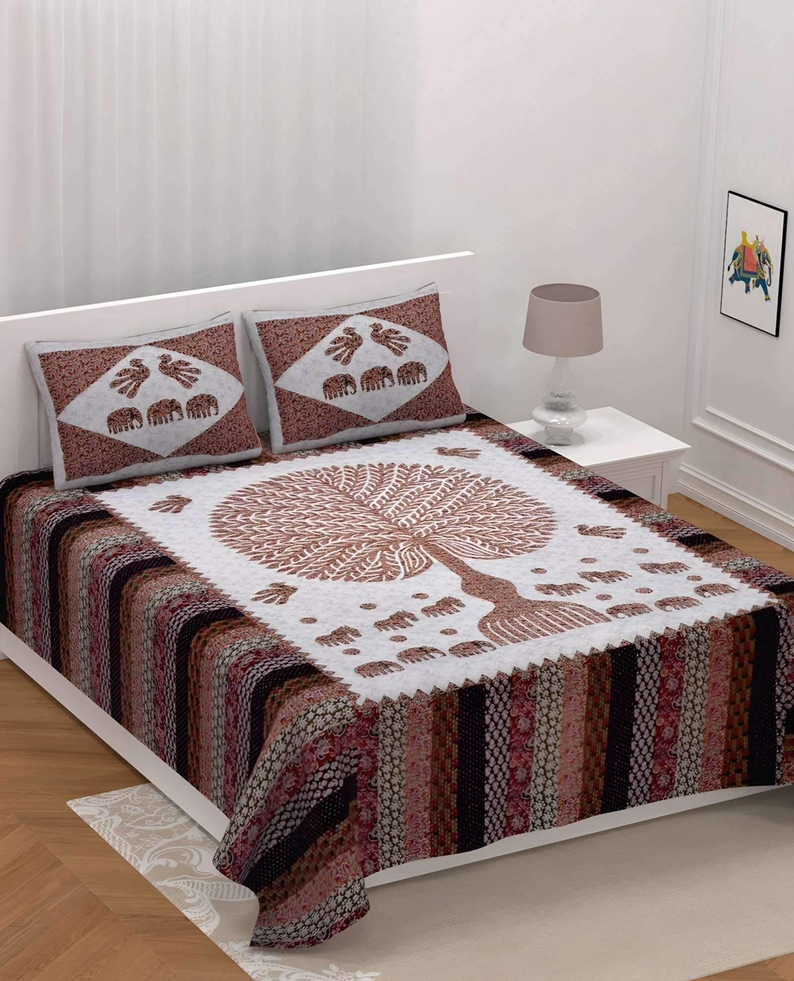 Barmeri Peacock Tree Cotton Bedsheet Set in Rust & cream (BM-02) on a made bed