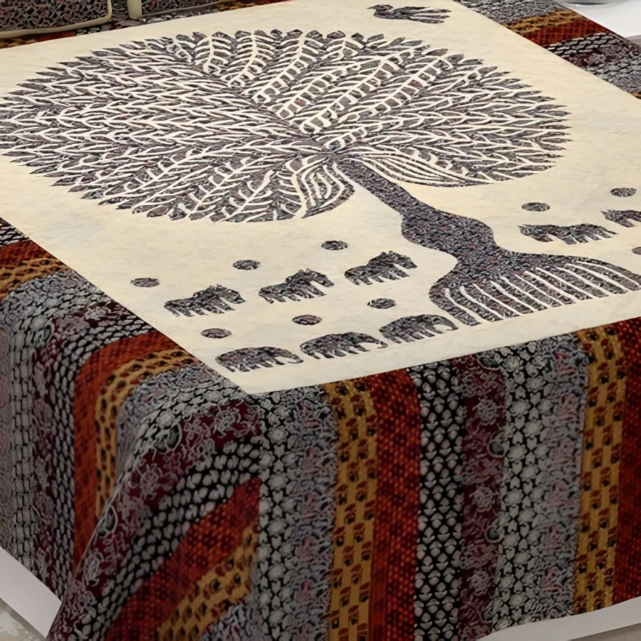 Close-up of the peacock tree print in Cream & black (BM-03)