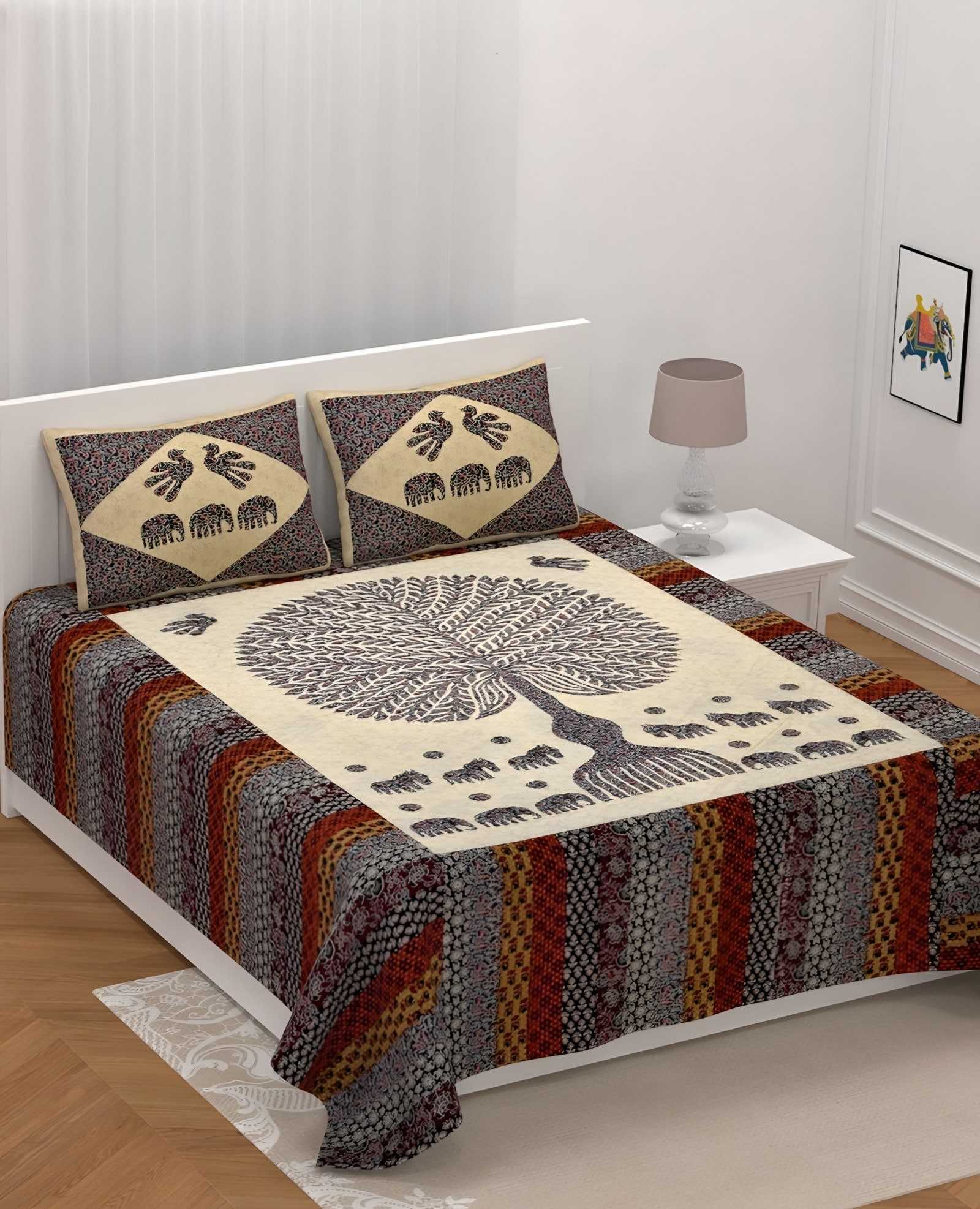 Barmeri Peacock Tree Cotton Bedsheet Set in Cream & black (BM-03) on a made bed
