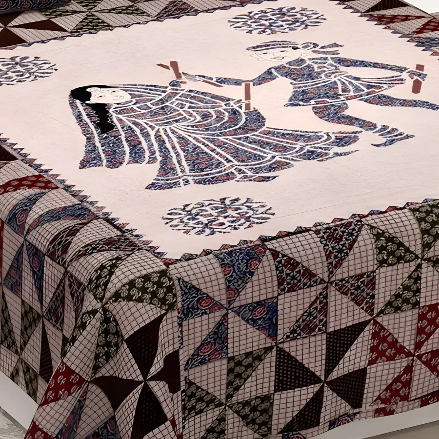 Close-up of the folk dancers print in Indigo (BM-04)
