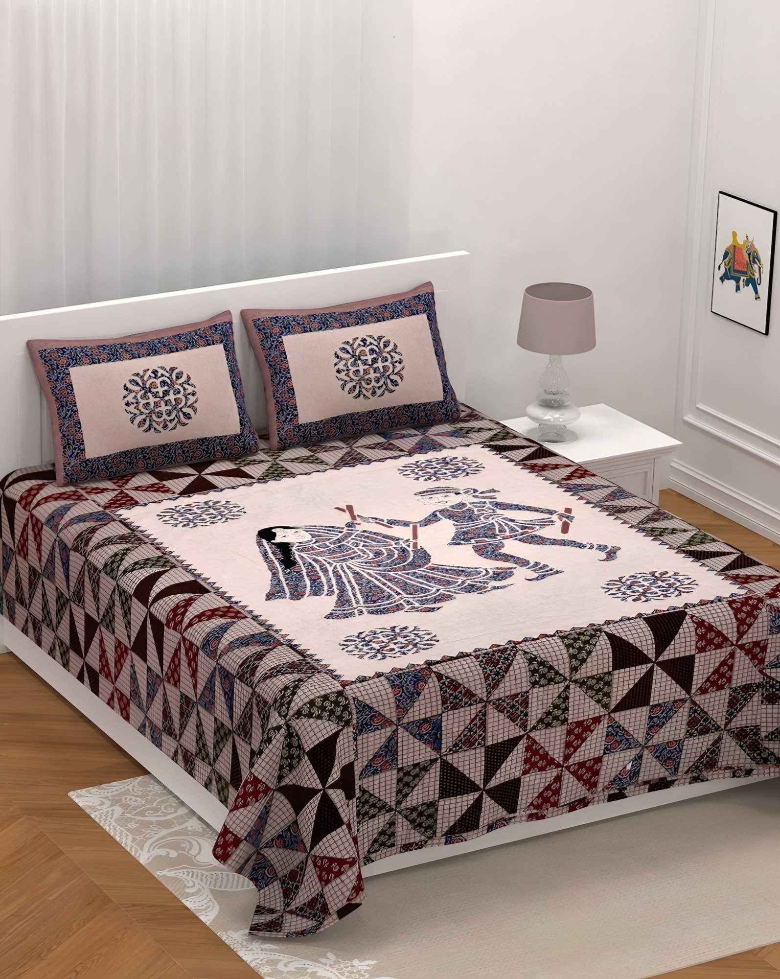 Barmeri Folk Dancers Cotton Bedsheet Set in Indigo (BM-04) on a made bed