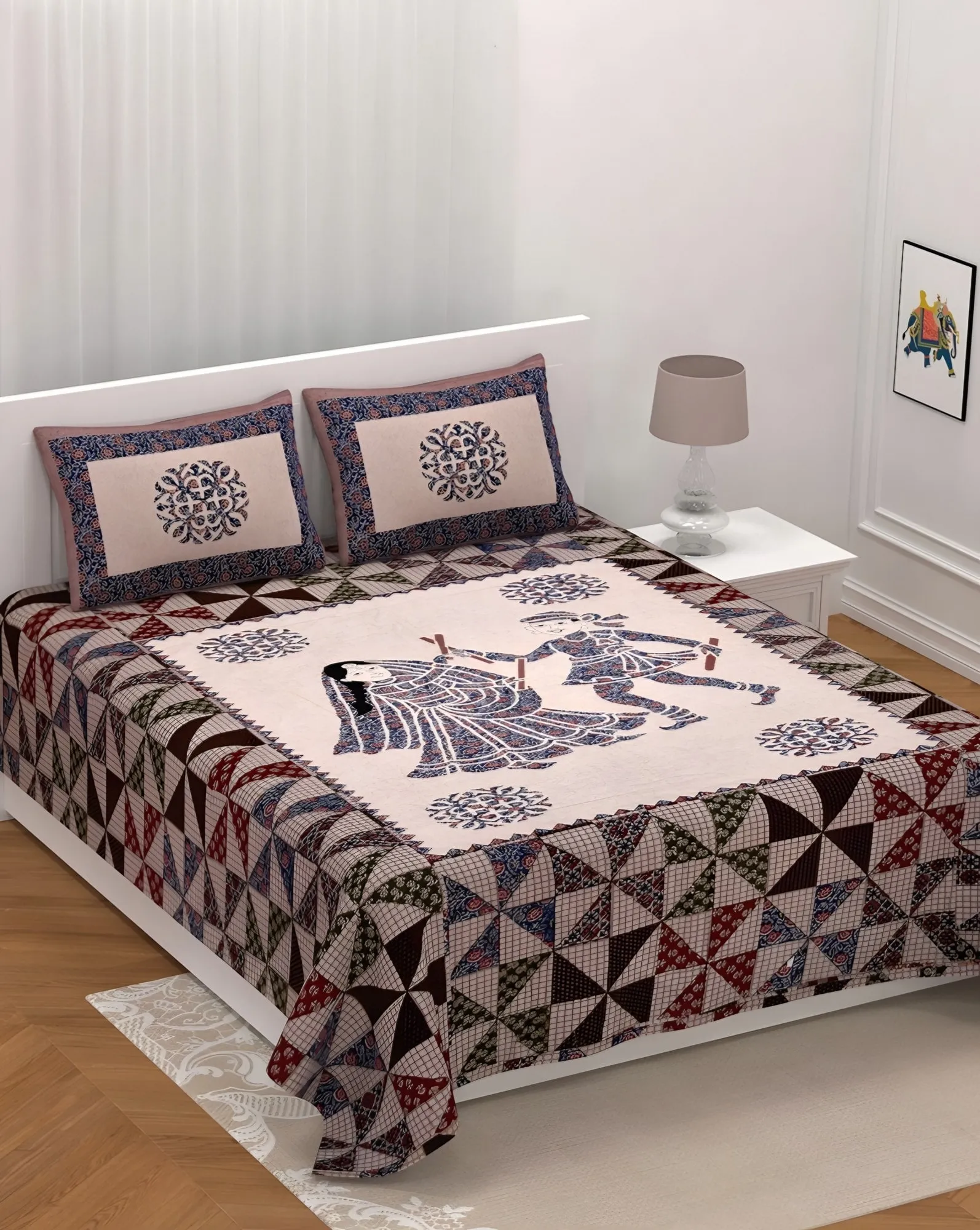 Barmeri Folk Dancers Cotton Bedsheet Set in Indigo (BM-04) on a made bed
