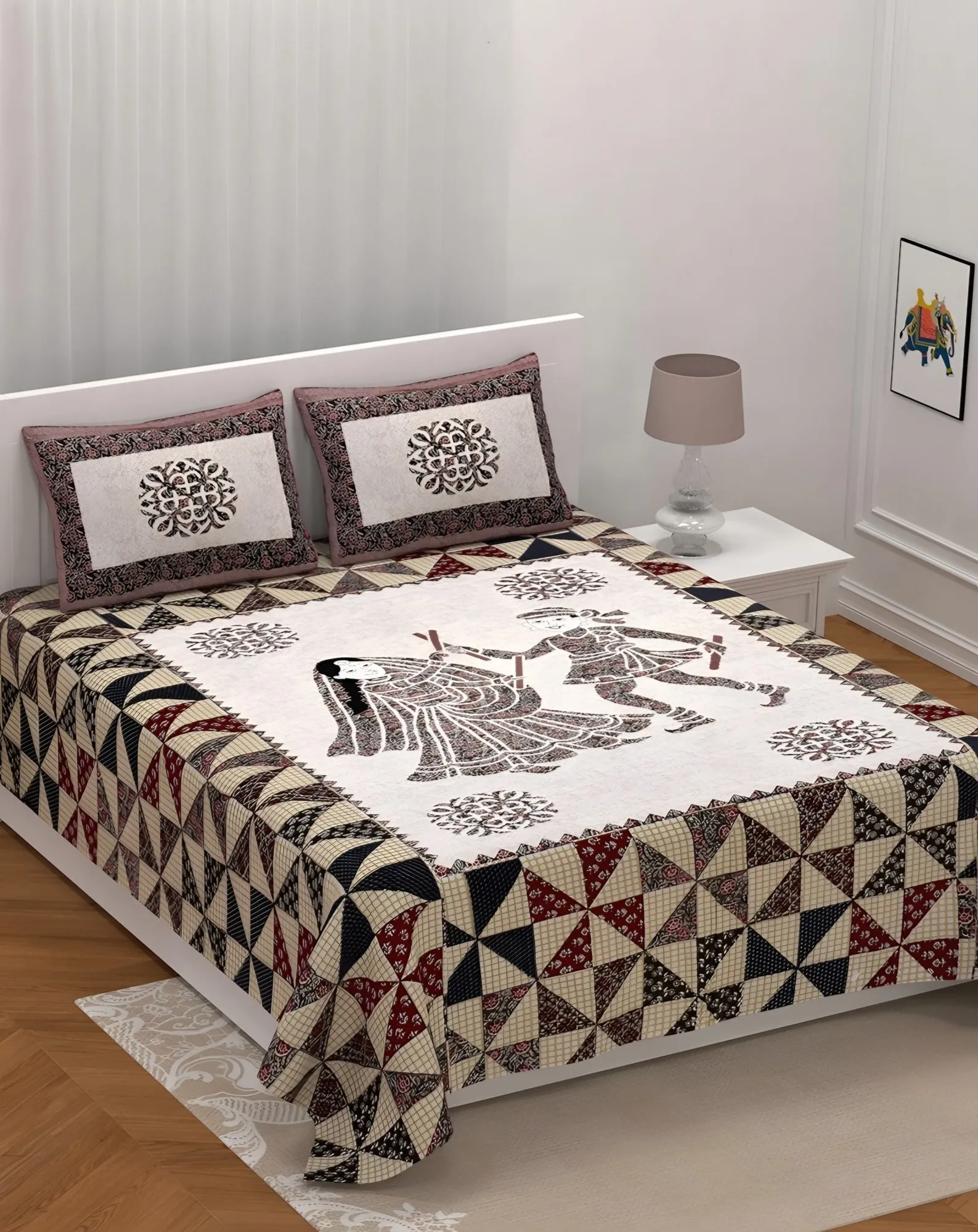 Barmeri Folk Dancers Cotton Bedsheet Set in Black (BM-05) on a made bed