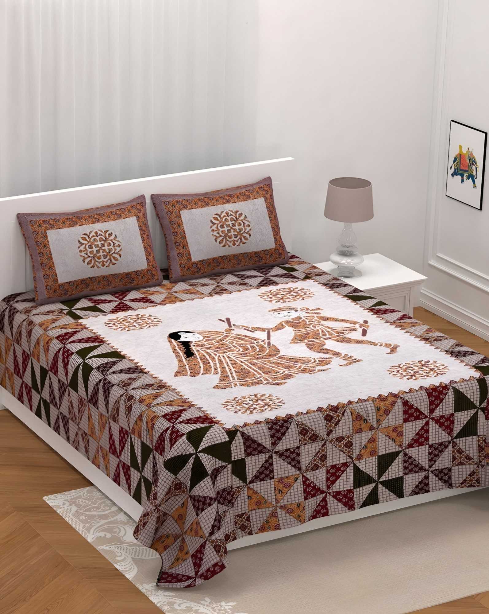Barmeri Folk Dancers Cotton Bedsheet Set in Rust (BM-06) on a made bed
