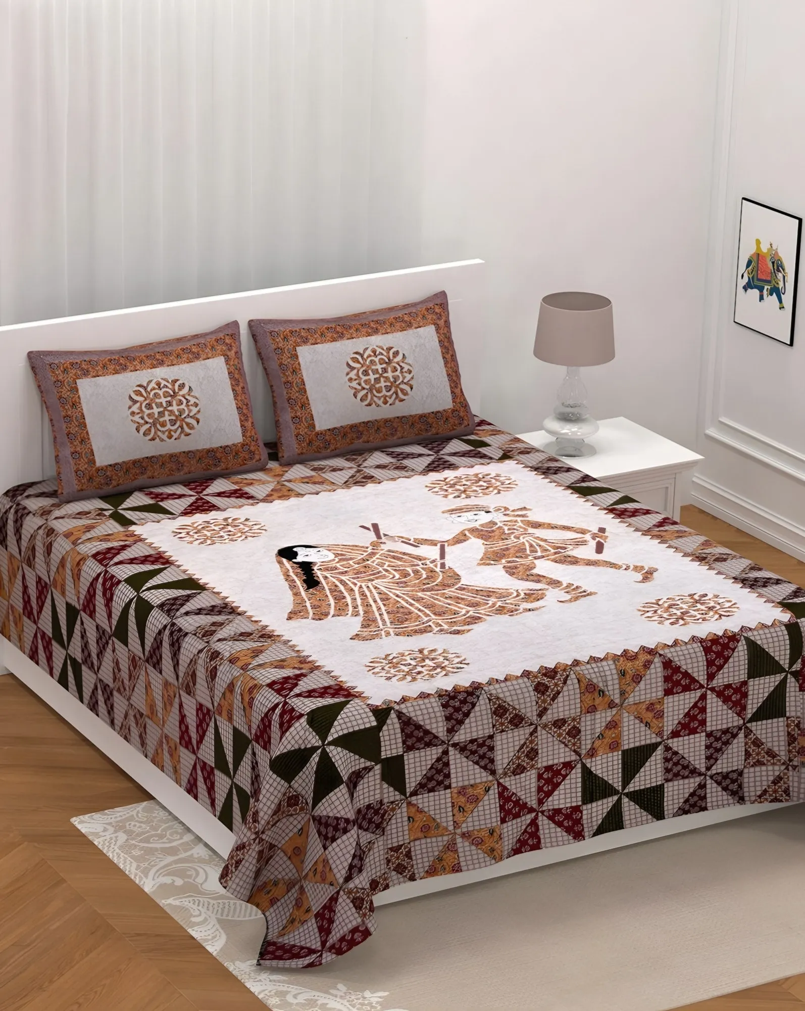 Barmeri Folk Dancers Cotton Bedsheet Set in Rust (BM-06) on a made bed