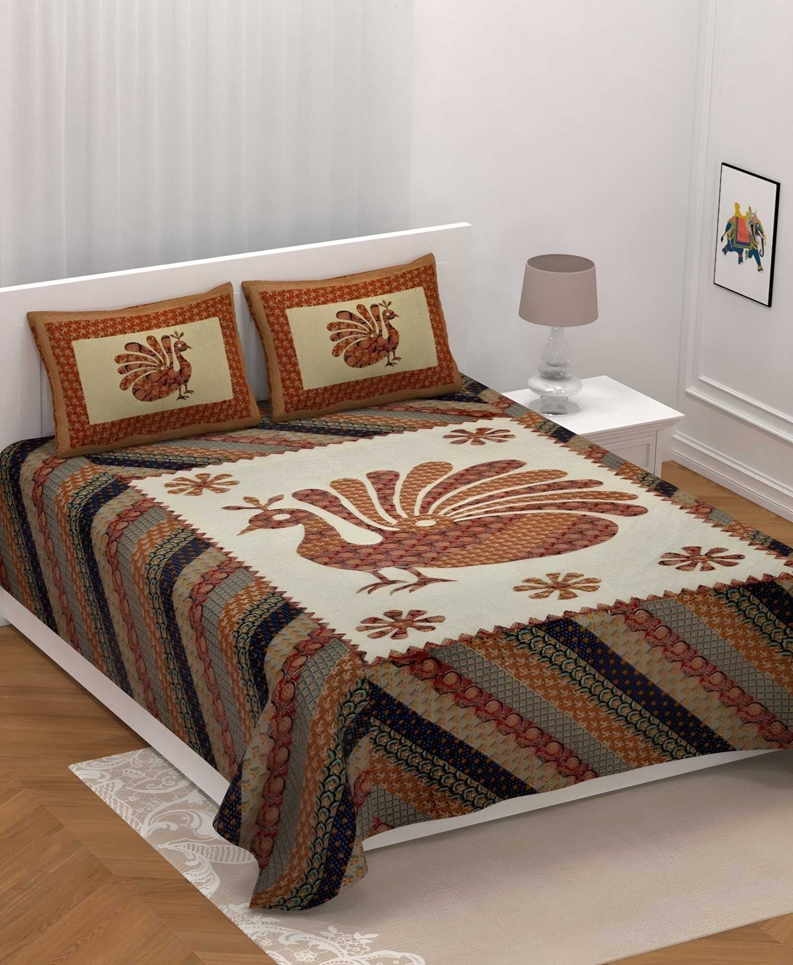 Barmeri Royal Peacock Cotton Bedsheet Set in Orange (BM-07) on a made bed