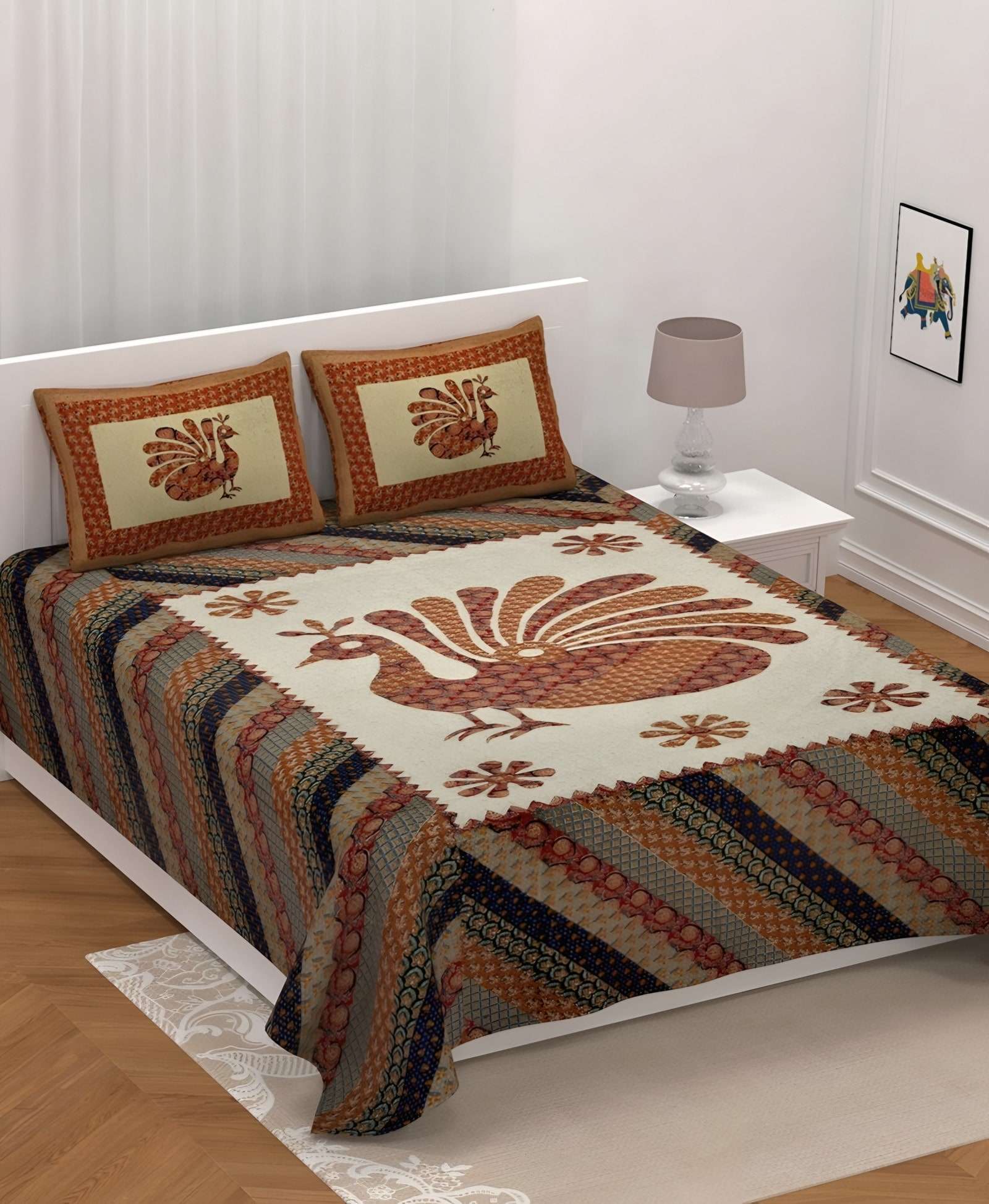 Barmeri Royal Peacock Cotton Bedsheet Set in Orange (BM-07) on a made bed