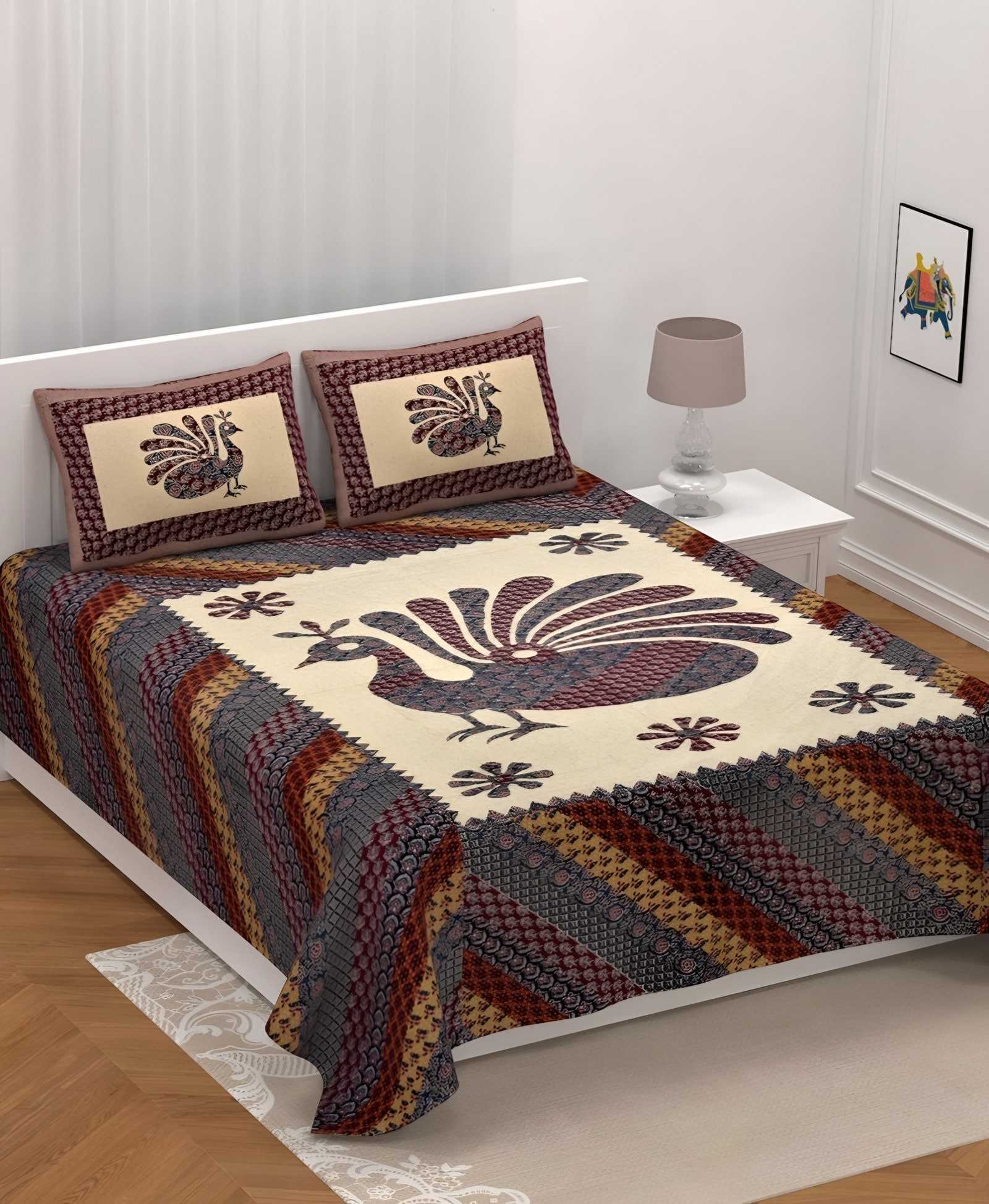 Barmeri Royal Peacock Cotton Bedsheet Set in Navy & cream (BM-08) on a made bed