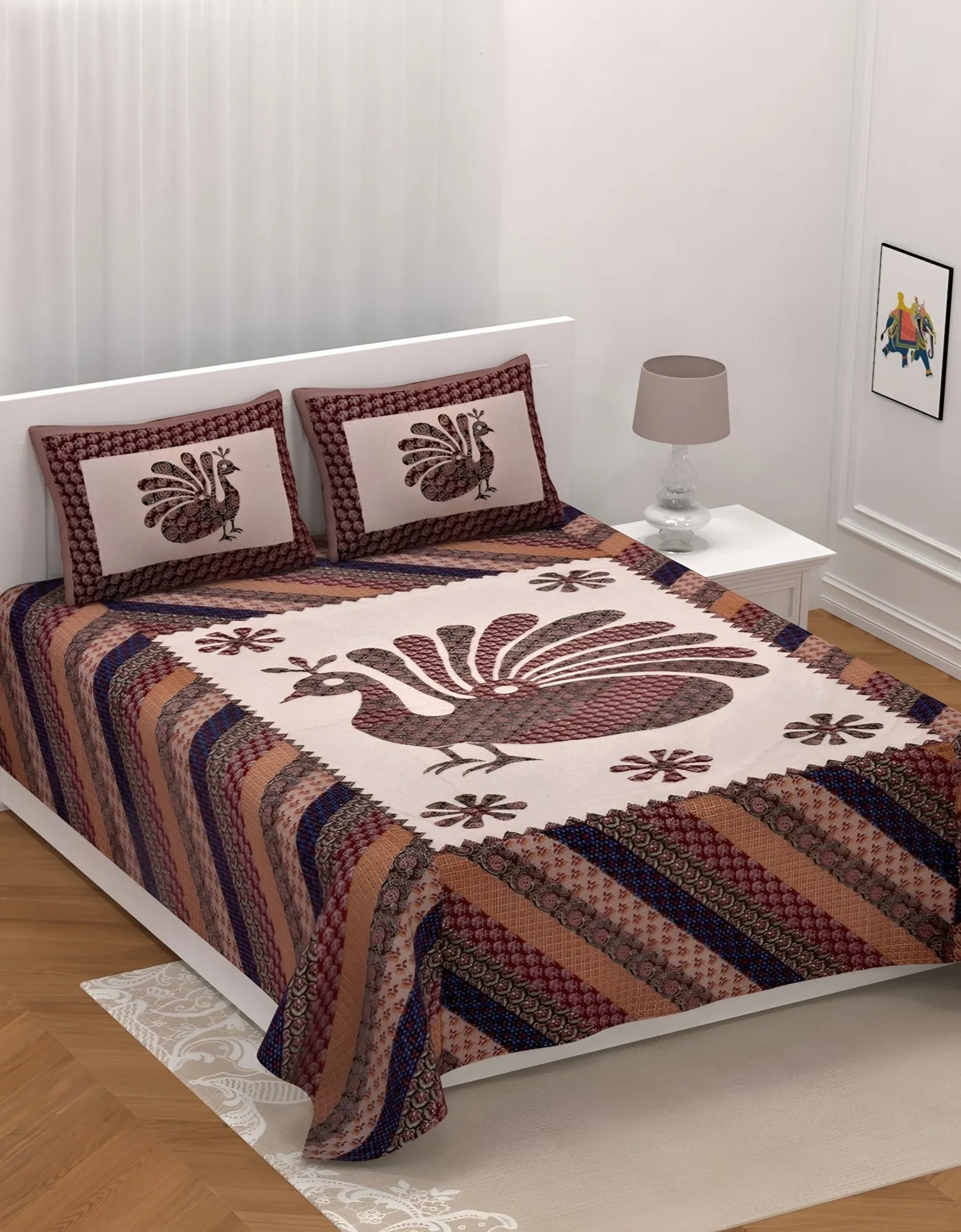 Barmeri Royal Peacock Cotton Bedsheet Set in Brown (BM-09) on a made bed