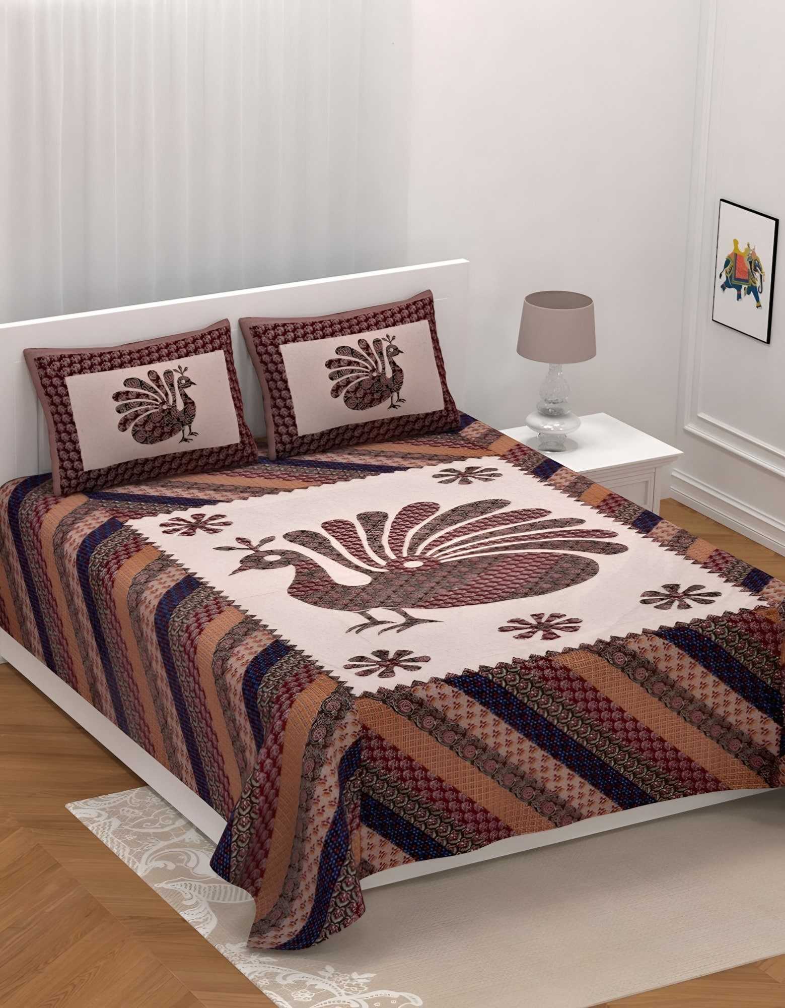 Barmeri Royal Peacock Cotton Bedsheet Set in Brown (BM-09) on a made bed