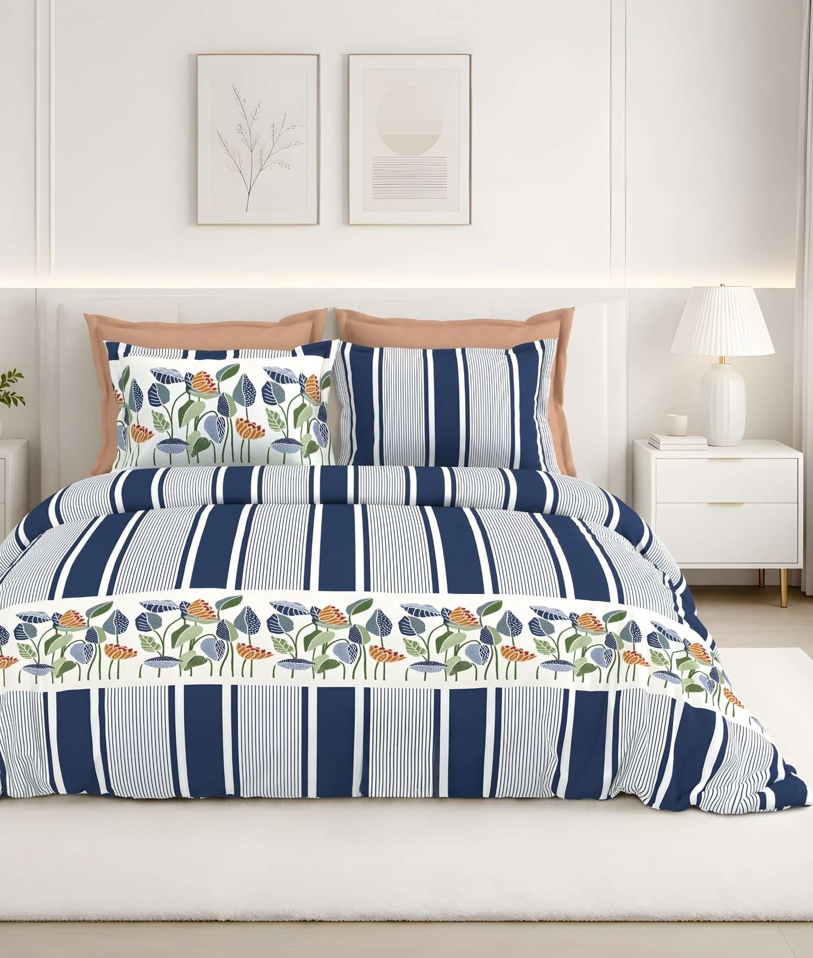 Calcium Leaf Stripe Cotton Bedsheet Set in Navy (CA-01) on a made bed