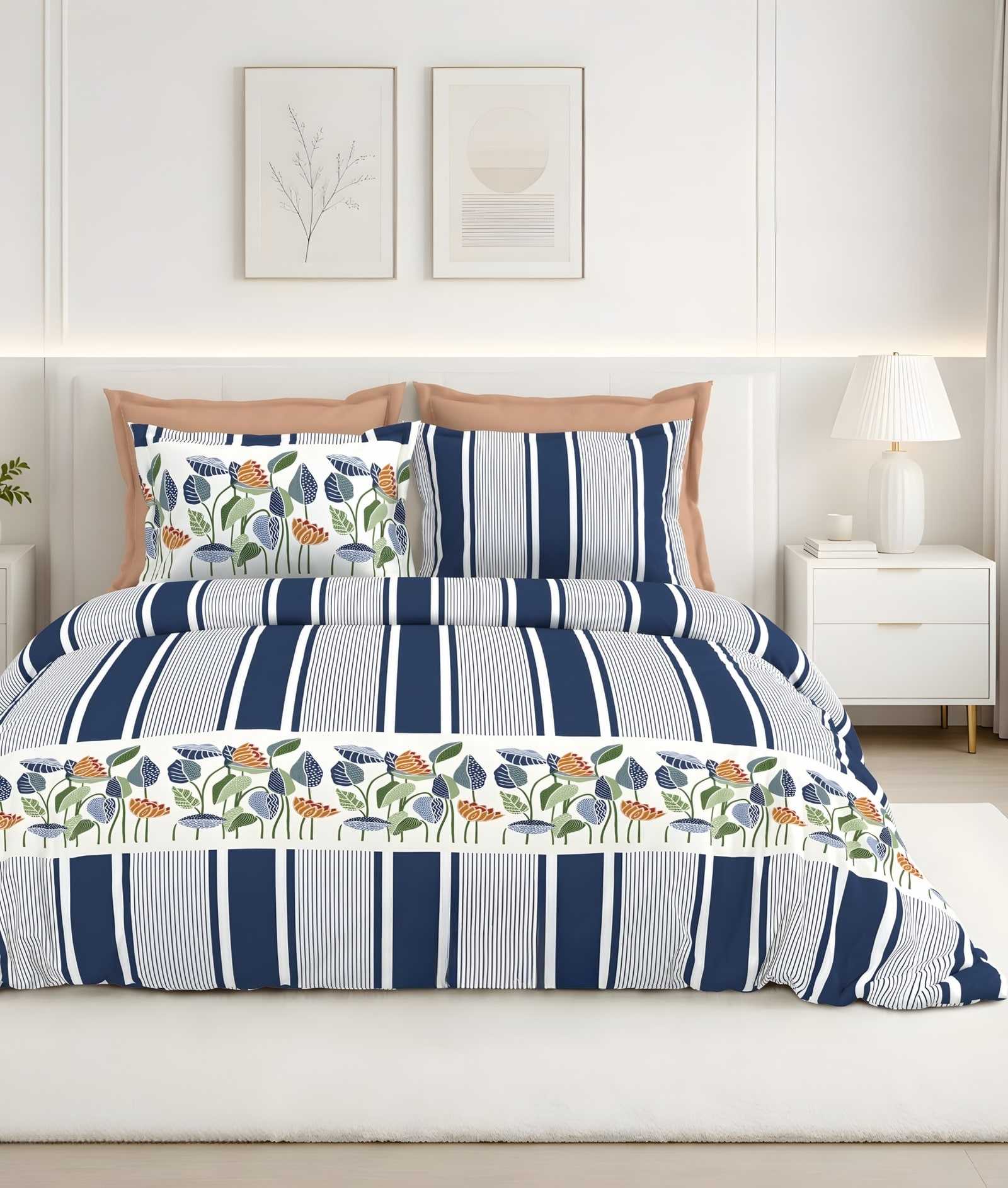Calcium Leaf Stripe Cotton Bedsheet Set in Navy (CA-01) on a made bed