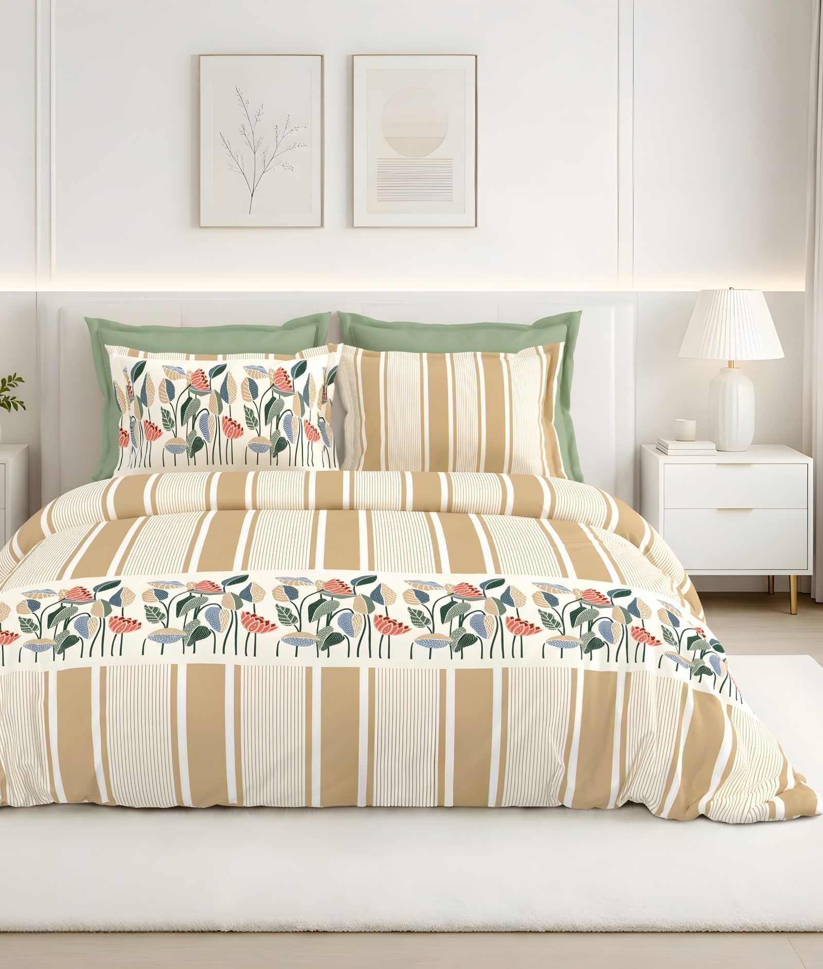 Calcium Leaf Stripe Cotton Bedsheet Set in Beige (CA-02) on a made bed